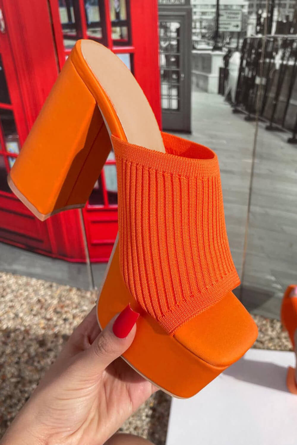 Lycra & Knit Chunky Open Toe Platform High Heeled Mules