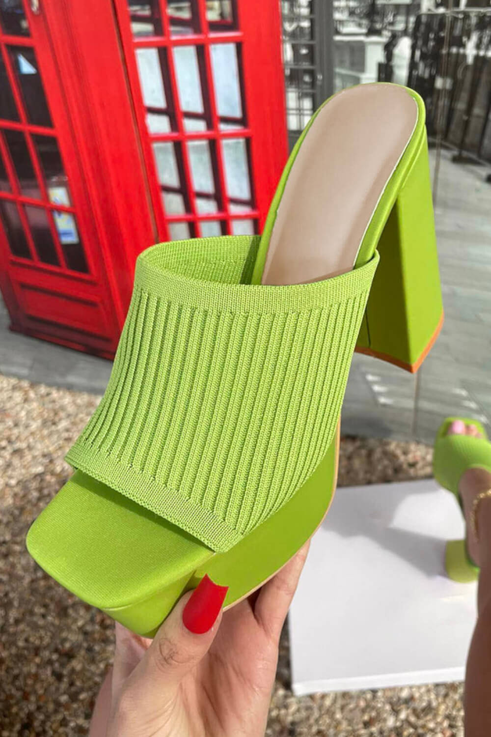 Lycra & Knit Chunky Open Toe Platform High Heeled Mules