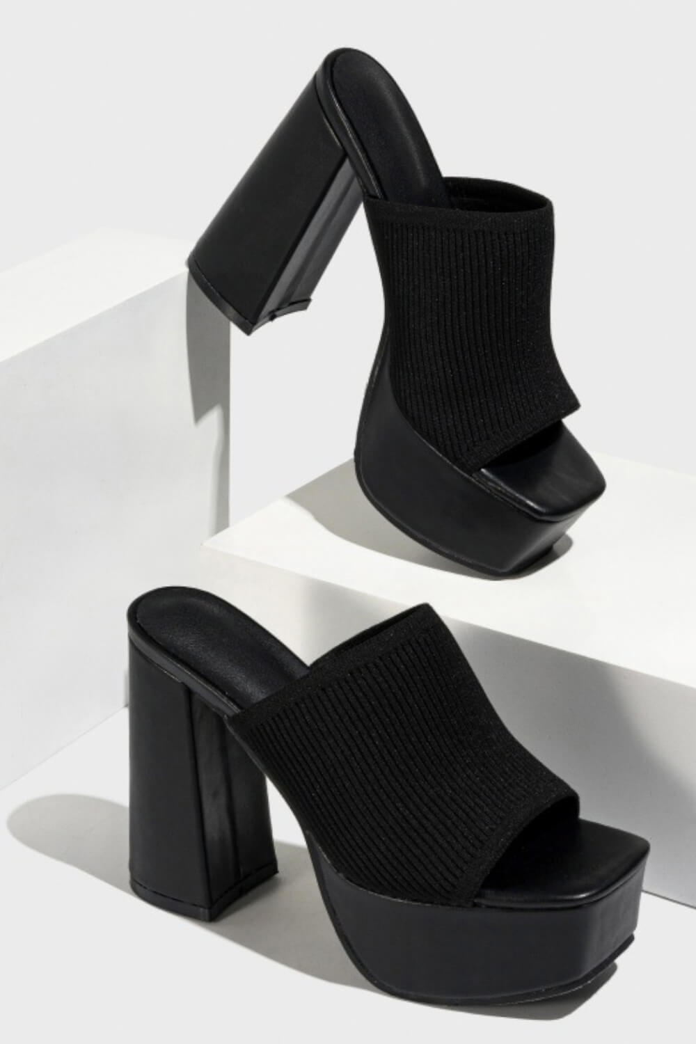 Lycra & Knit Chunky Open Toe Platform High Heeled Mules