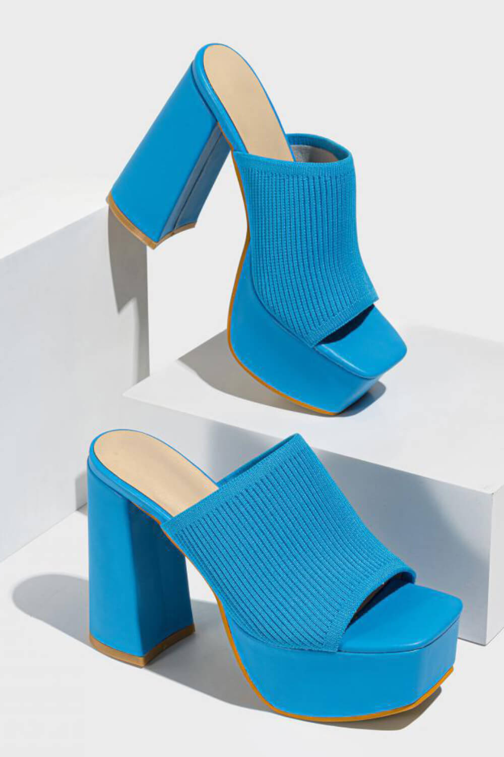 Lycra & Knit Chunky Open Toe Platform High Heeled Mules