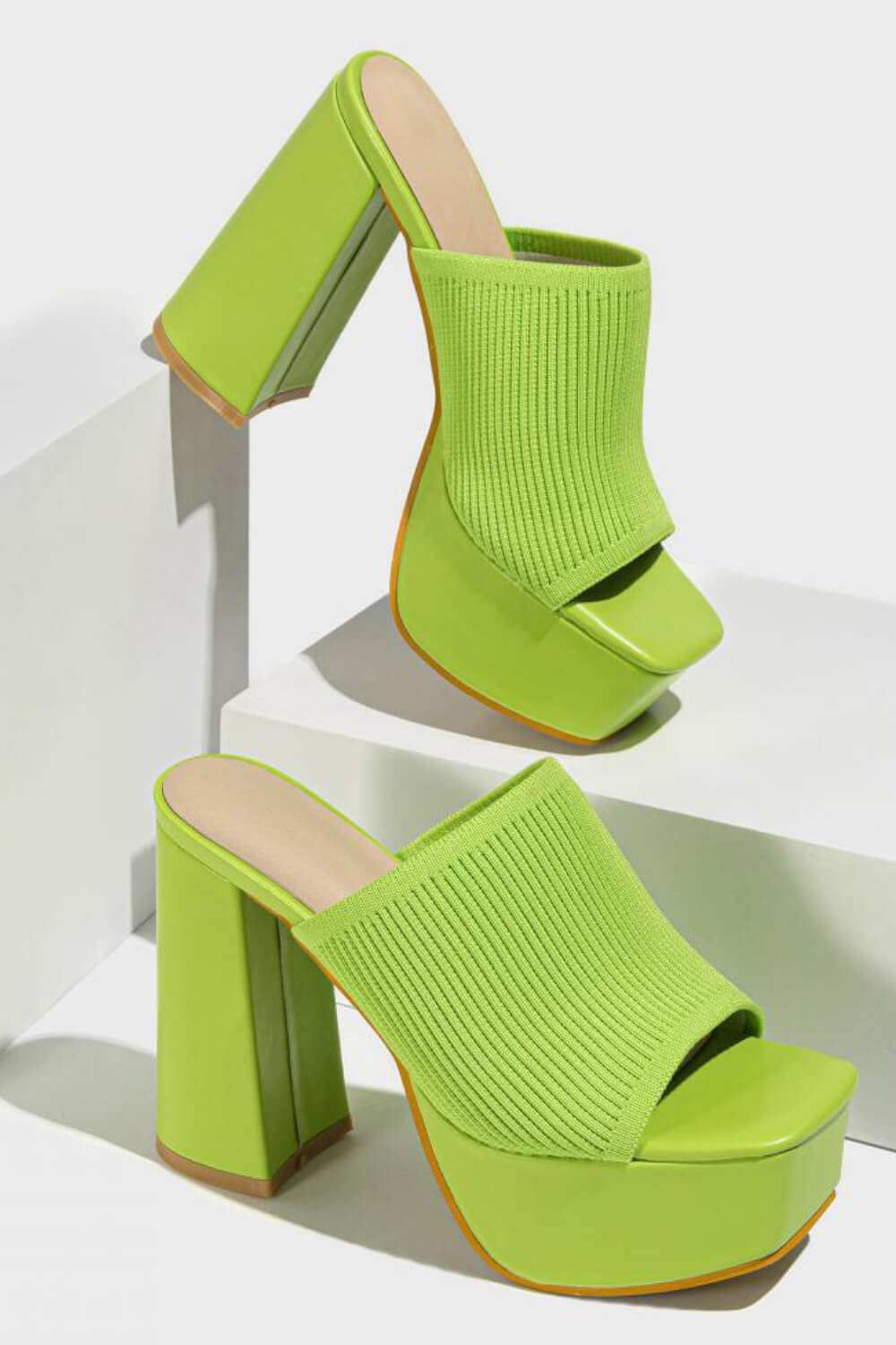 Lycra & Knit Chunky Open Toe Platform High Heeled Mules