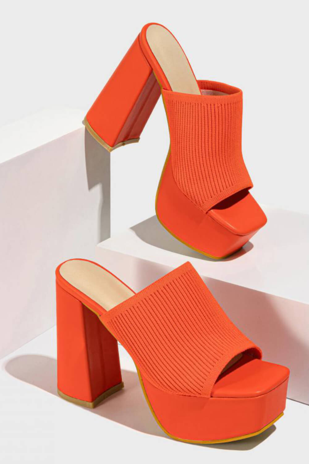 Lycra & Knit Chunky Open Toe Platform High Heeled Mules