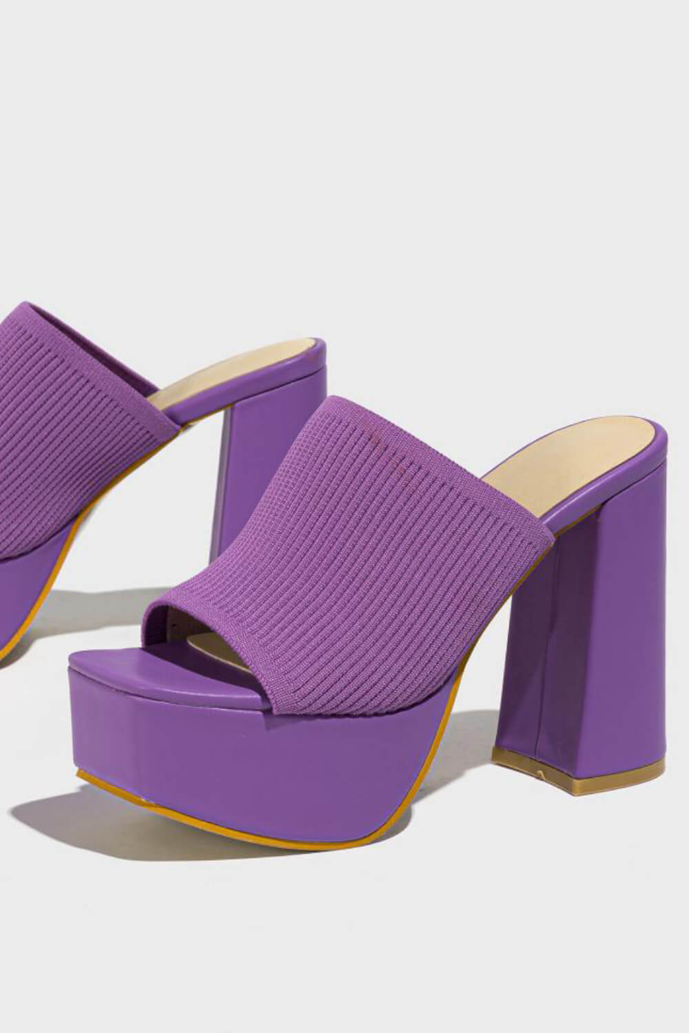 Lycra & Knit Chunky Open Toe Platform High Heeled Mules