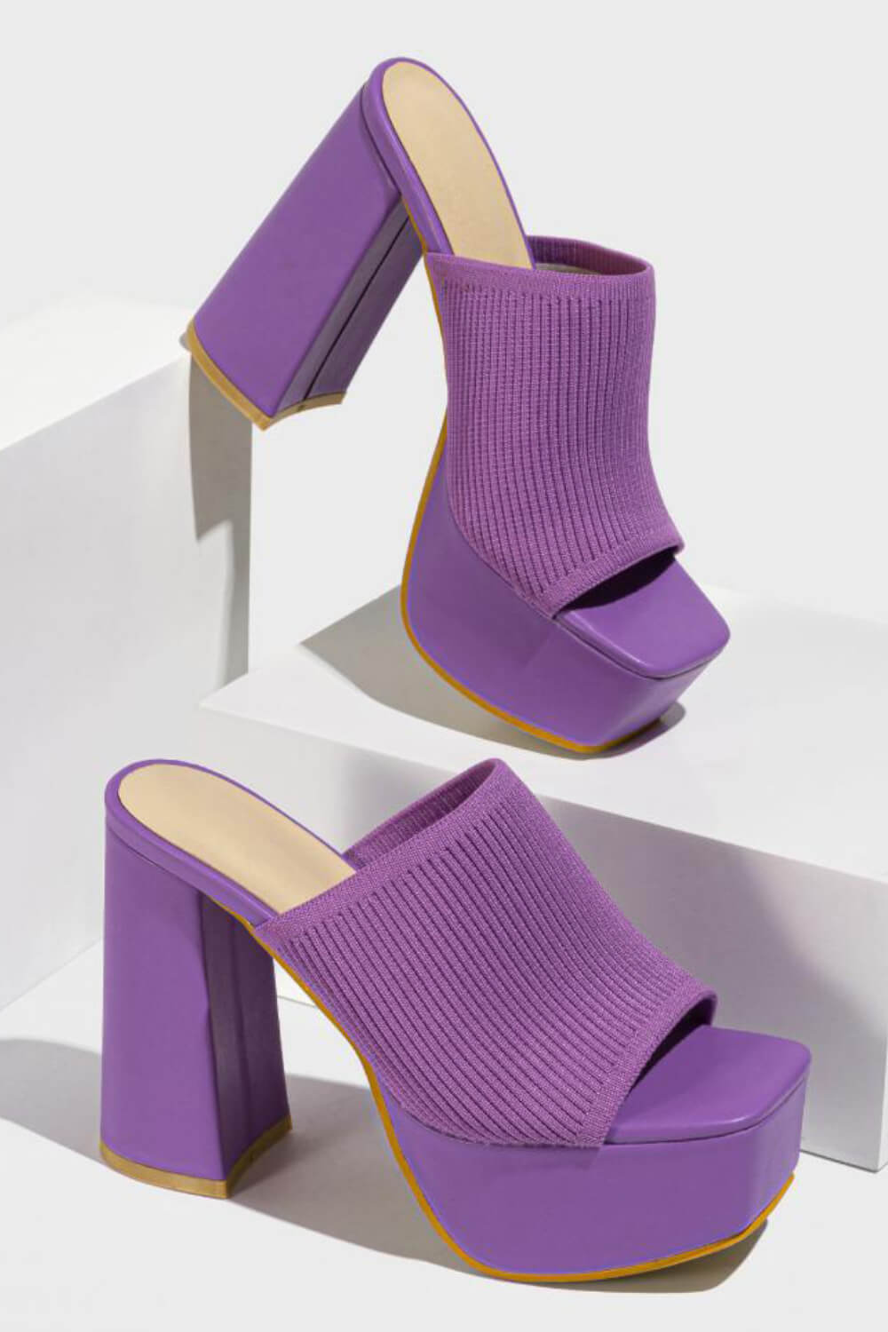 Lycra & Knit Chunky Open Toe Platform High Heeled Mules