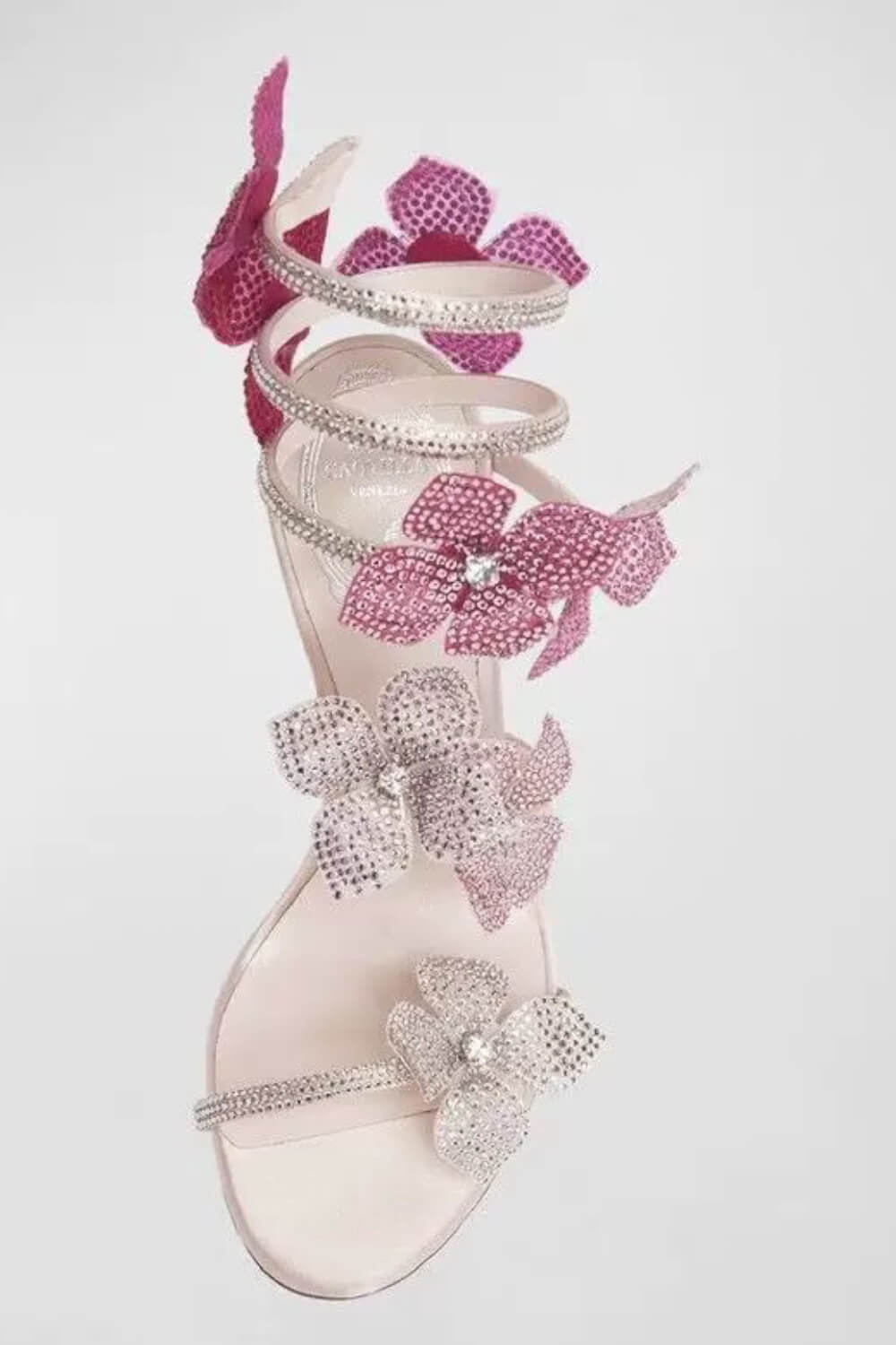 Crystal-Embellished Flower Around The Ankle Coil Stiletto Sandals