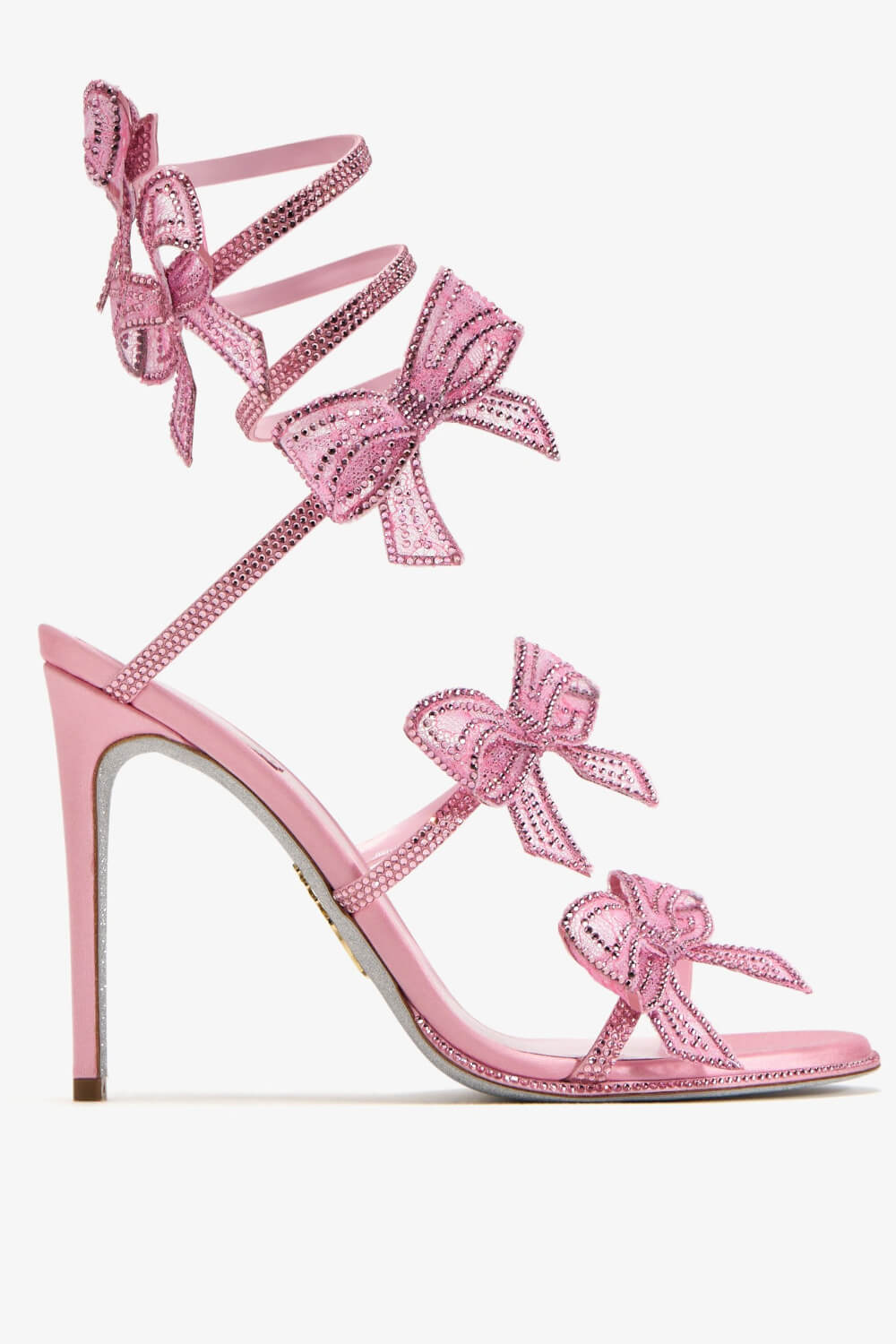 Satin Diamante Bow-Embellished Around The Ankle Coil Stiletto Heel Sandals