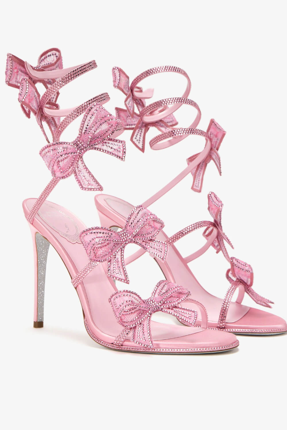 Satin Diamante Bow-Embellished Around The Ankle Coil Stiletto Heel Sandals