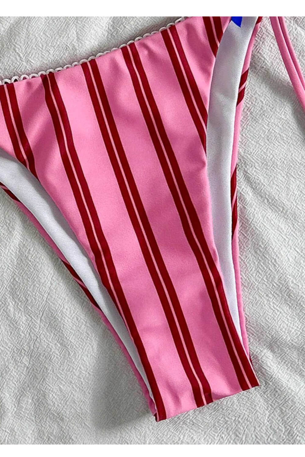 Striped Print Picot Trim Triangle Halter Tie Side Bikini Set With Bows Detailing