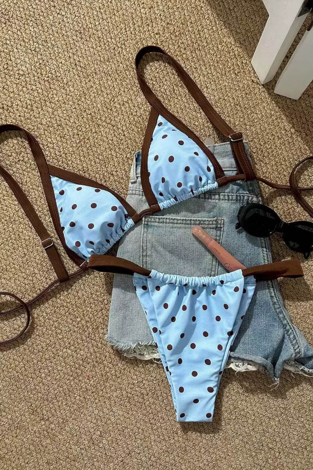 Contrast Trim Polka Dot Print Triangle Bikini Set