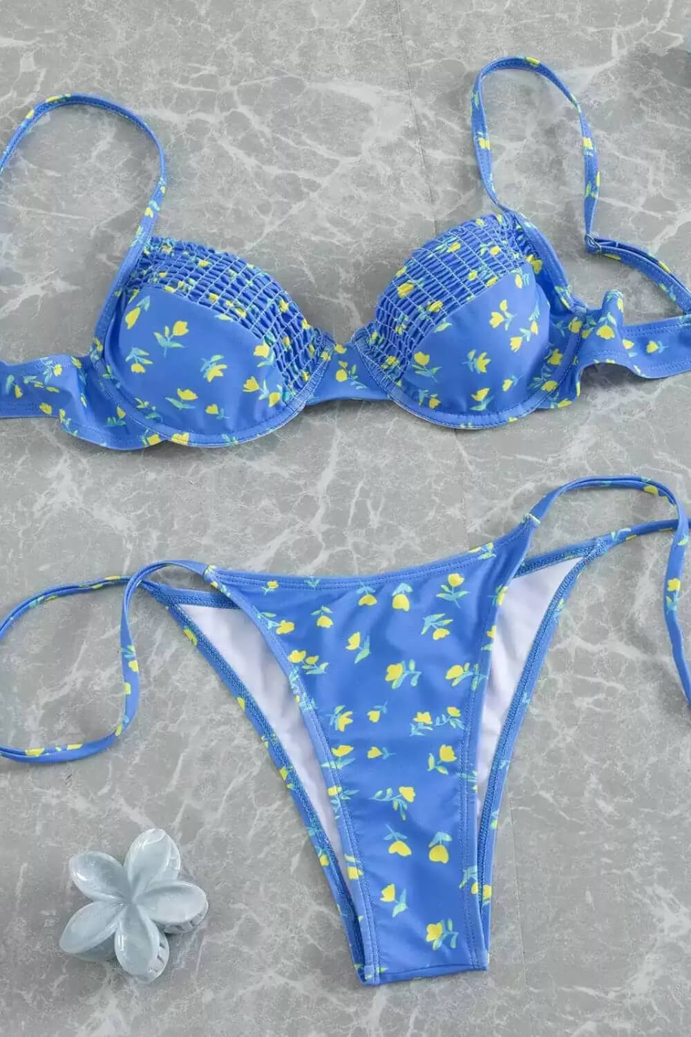 Blue Floral Print Shirred Underwire Bralette Side-Tie Cheeky Bikini Set
