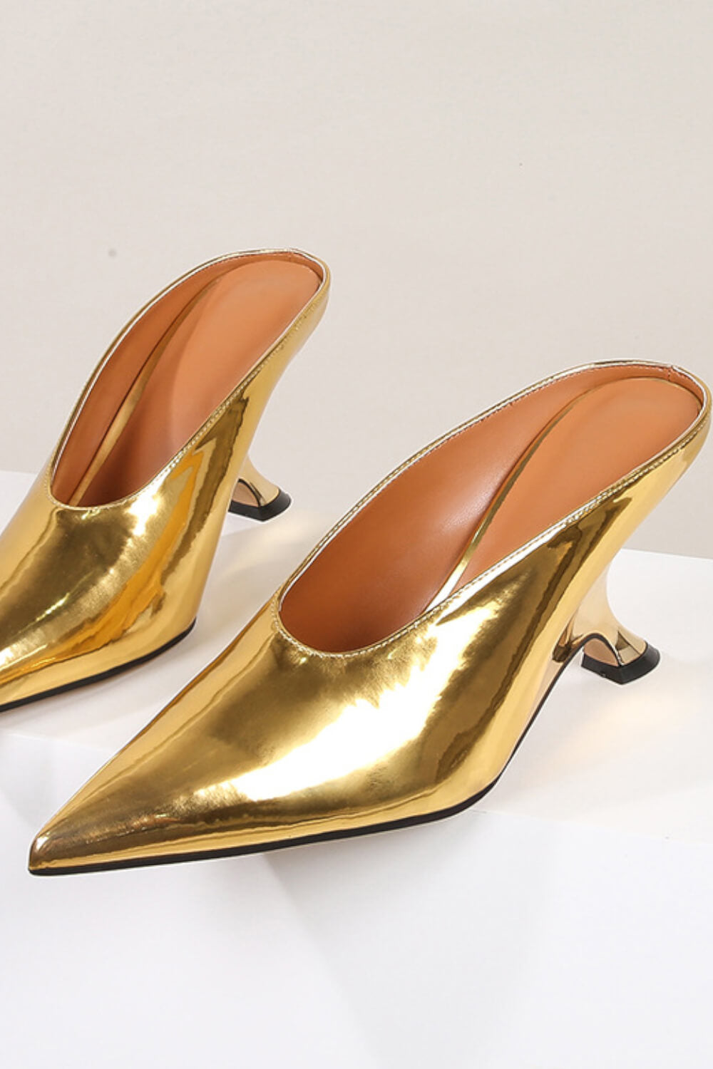Metallic Faux Leather Pointed Toe Wedged Heels Mules