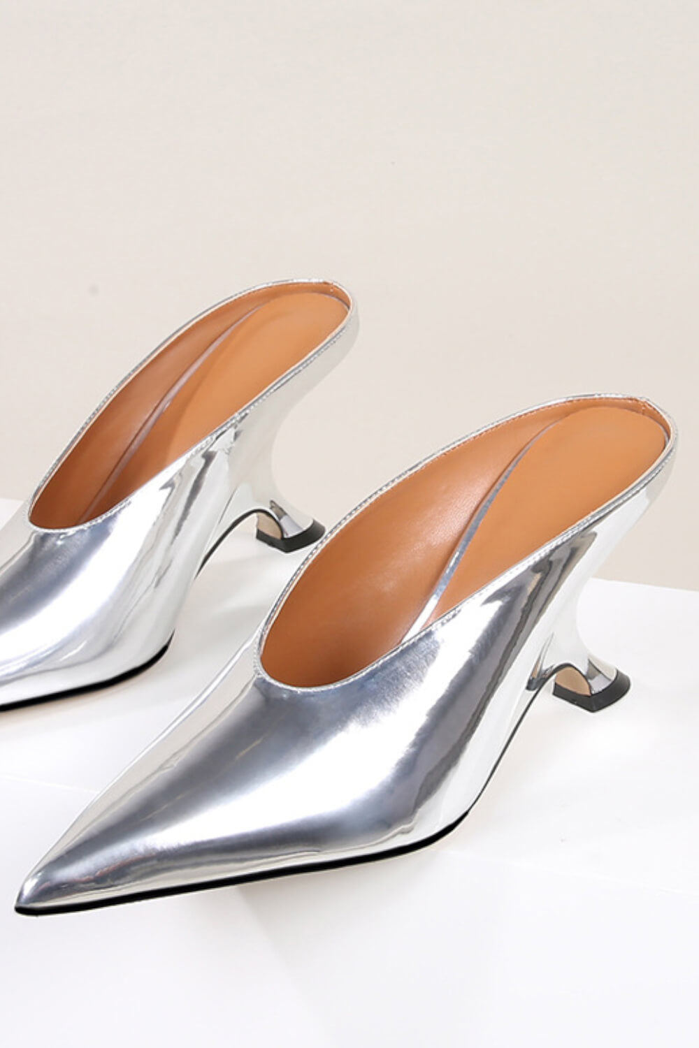 Metallic Faux Leather Pointed Toe Wedged Heels Mules