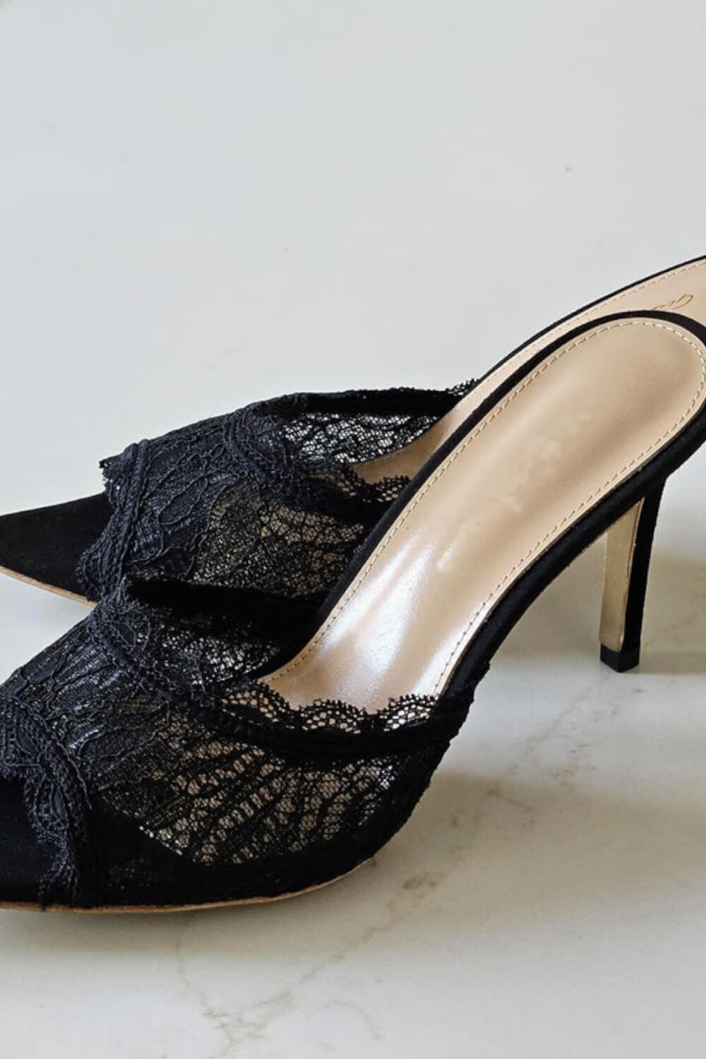 Lace Open Pointed Toe Heeled Mule Sandals