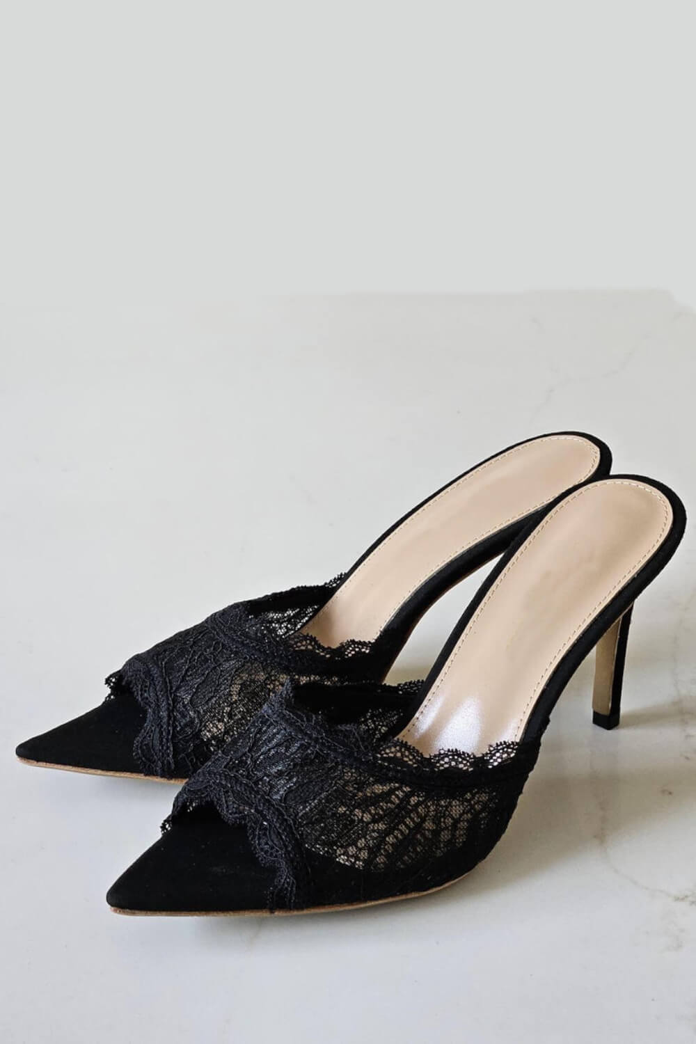 Lace Open Pointed Toe Heeled Mule Sandals