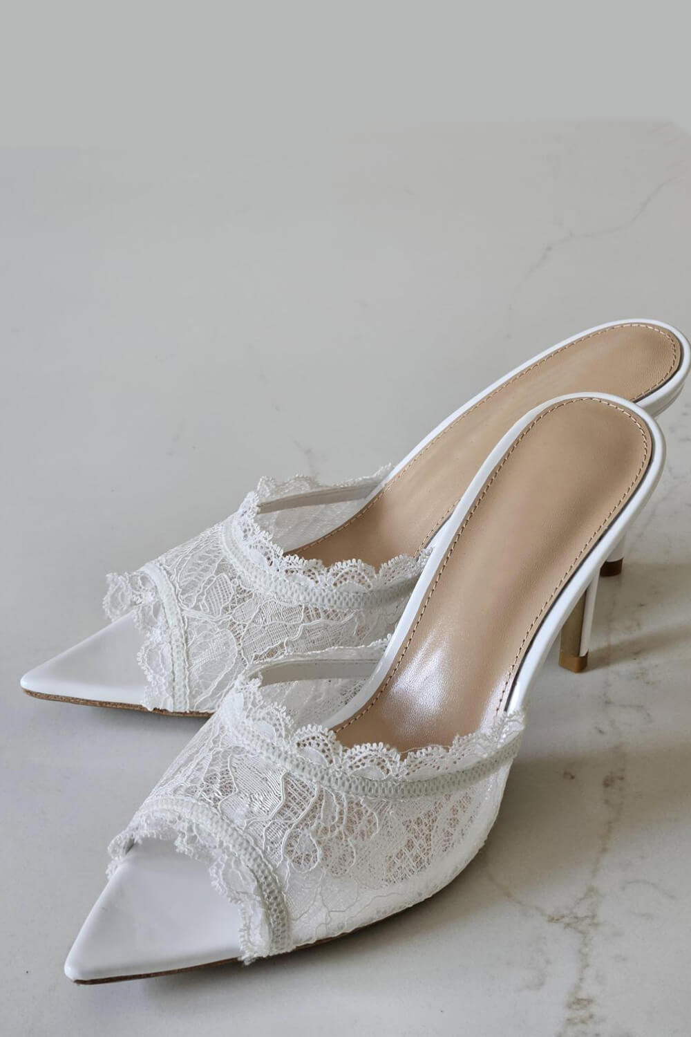 Lace Open Pointed Toe Heeled Mule Sandals