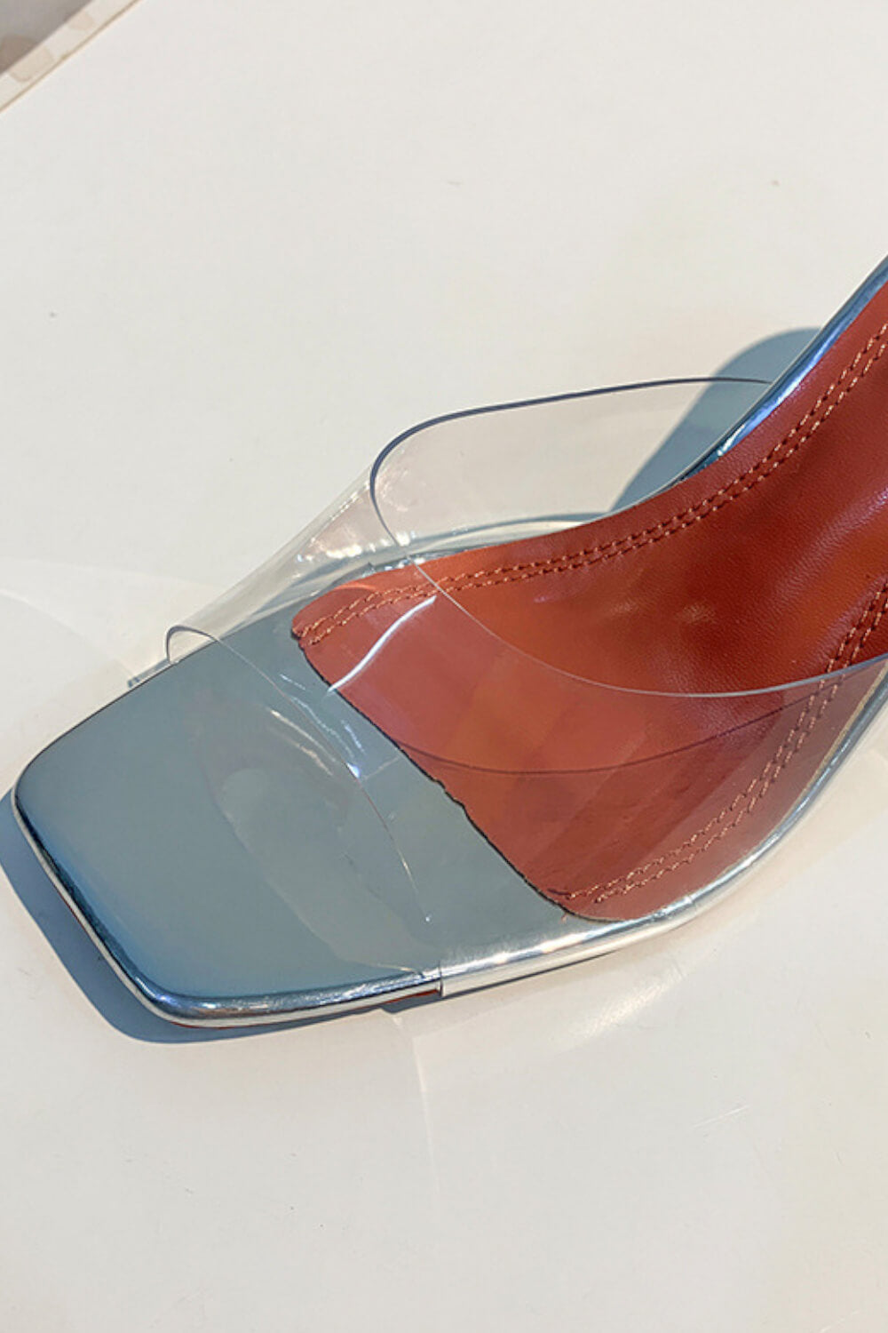 Metallic Faux Leather Open Square Toe Clear Perspex Sculptured Heel Mule