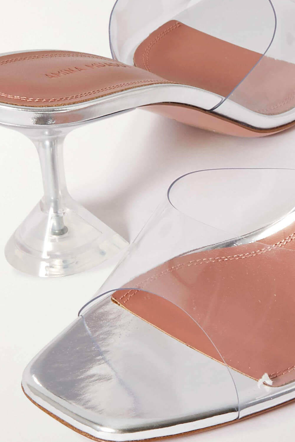 Metallic Faux Leather Open Square Toe Clear Perspex Sculptured Heel Mule