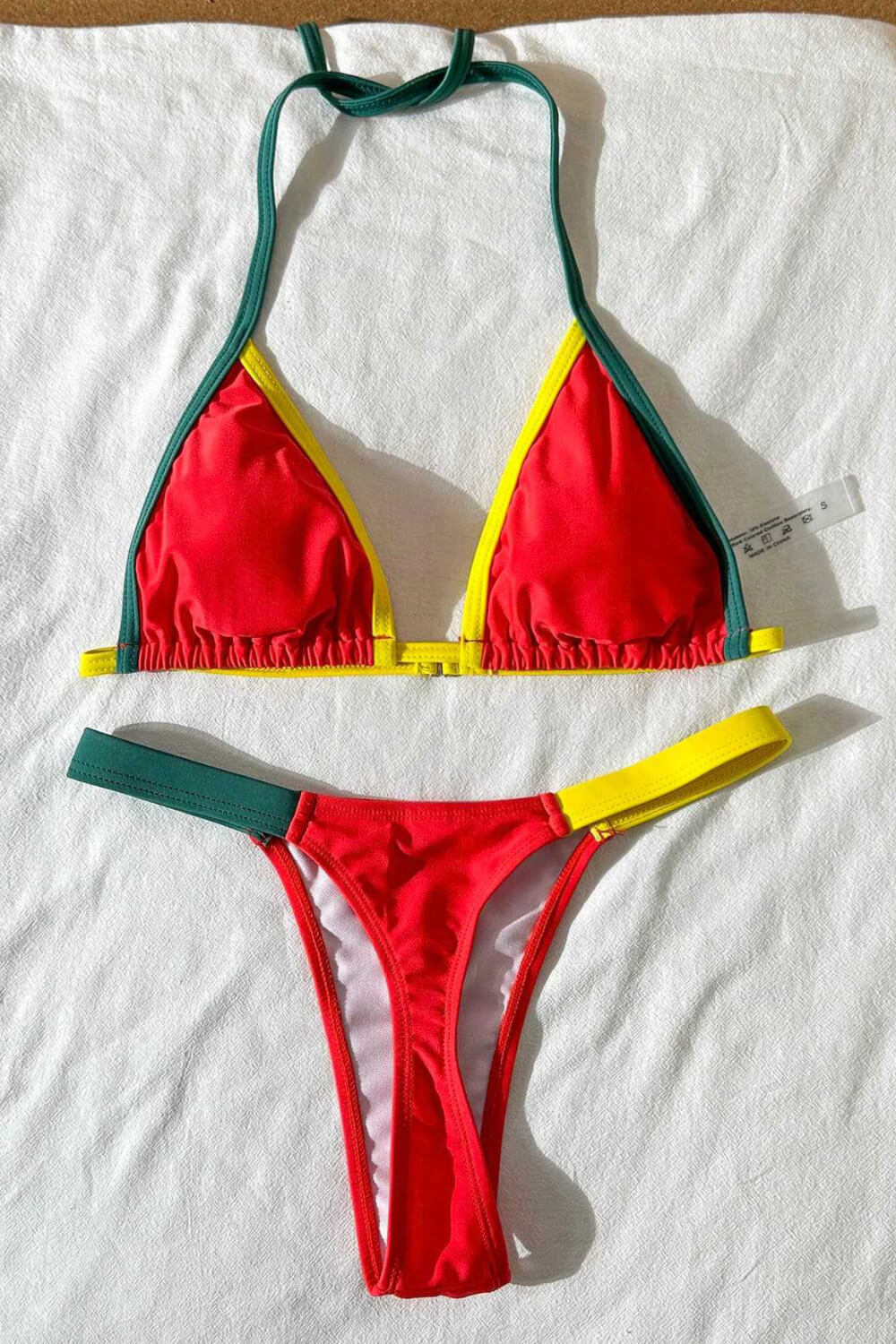 Contrast Trim Color Blocking Halter Triangle Bikini Set