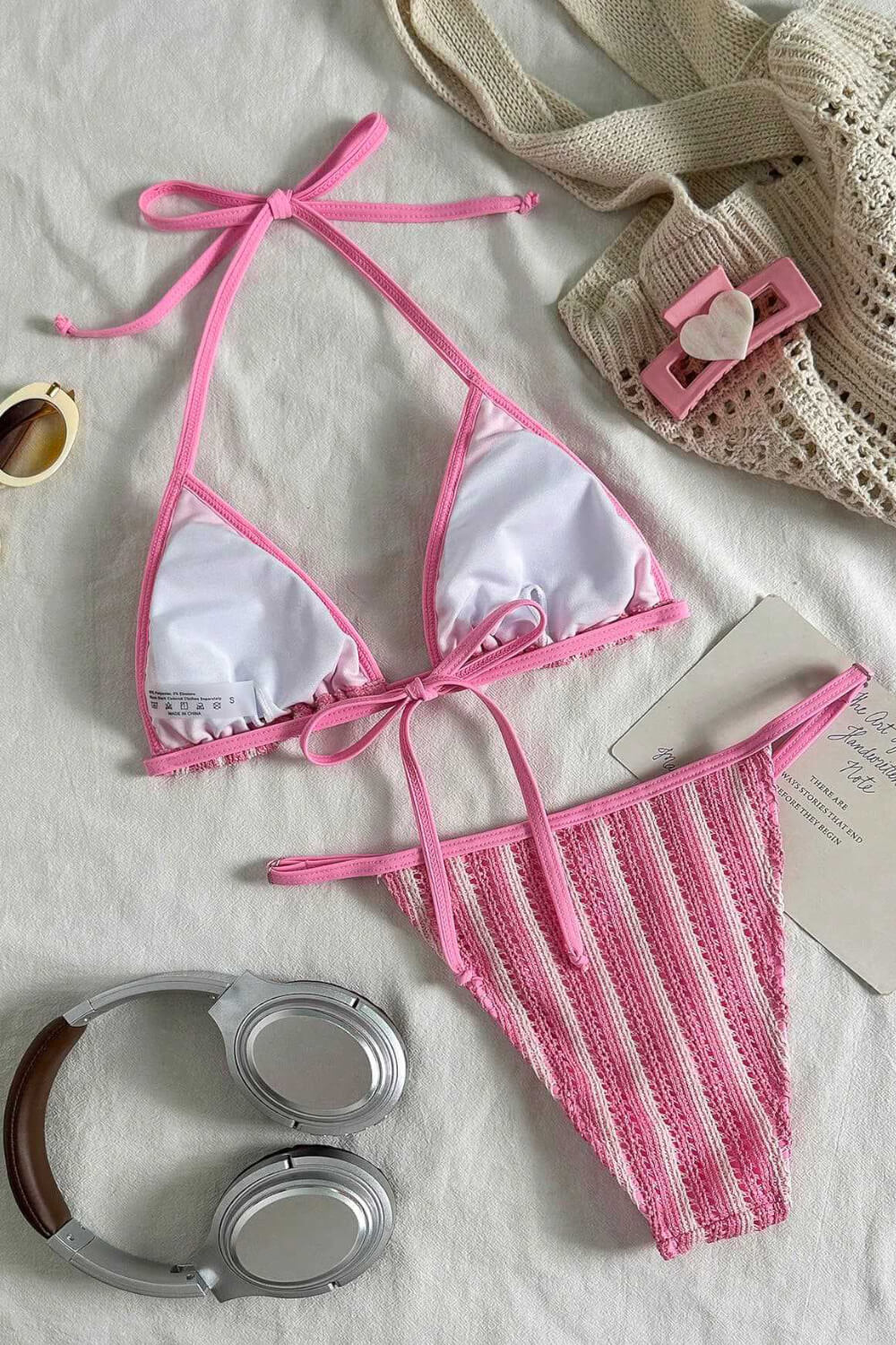 Textured Triangle Halter Brazilian Bikini Set With Stripes