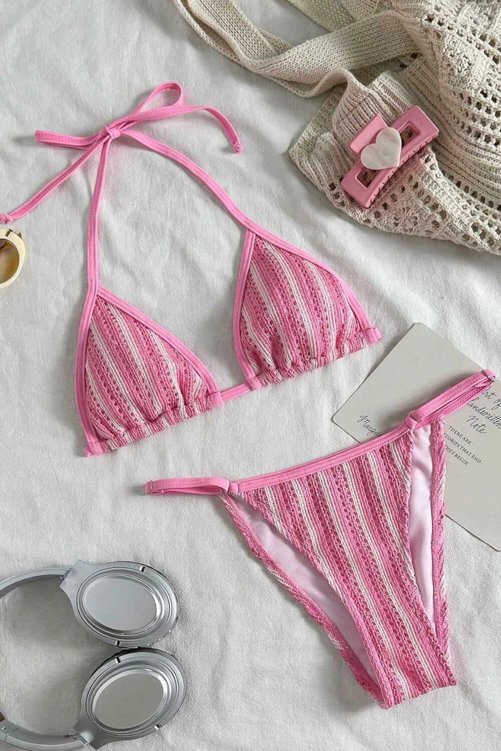 Textured Triangle Halter Brazilian Bikini Set With Stripes