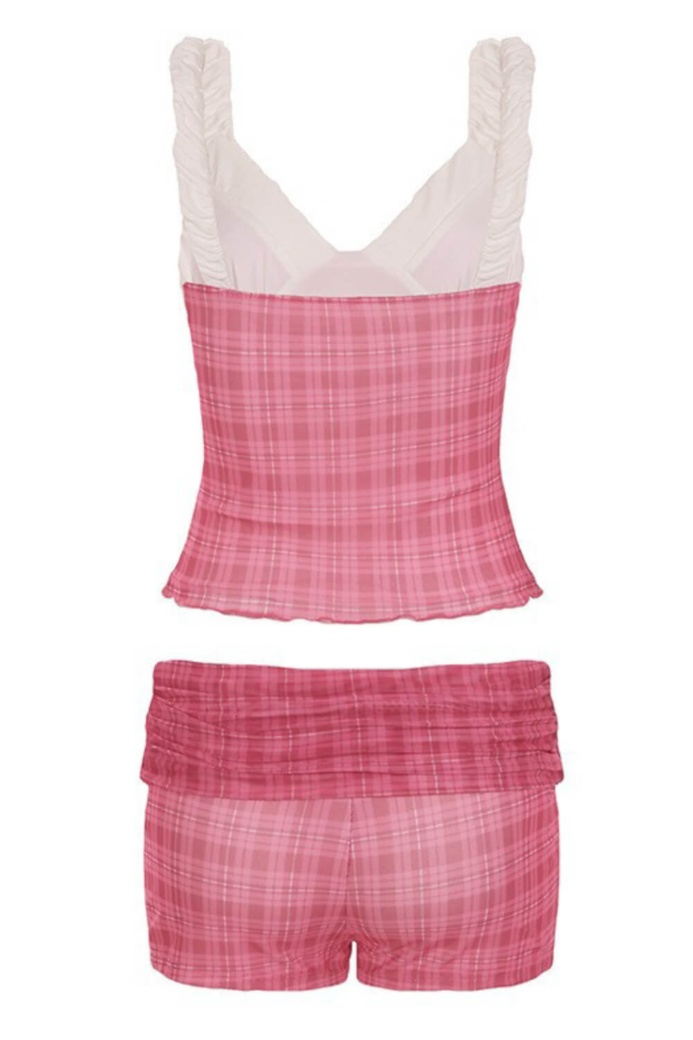 Red Check Mesh Contrast V-Neck Bustier Top And And Mini Fold-Over Boyshorts