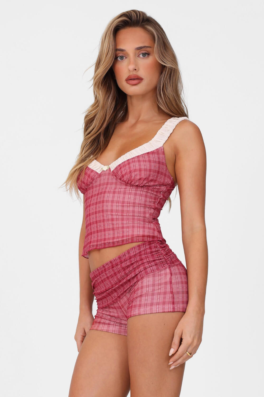 Red Check Mesh Contrast V-Neck Bustier Top And And Mini Fold-Over Boyshorts