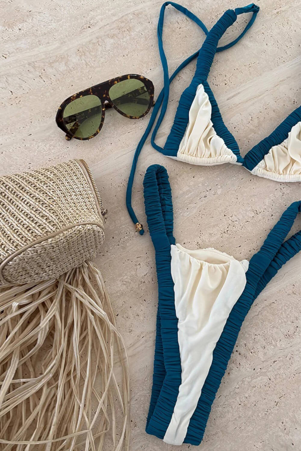 Two-Tone Ruched Triangle High-Cut Bikini Set