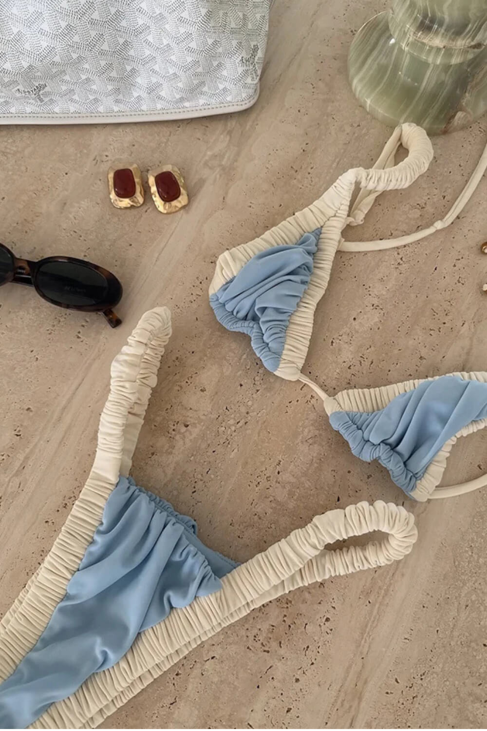 Two-Tone Ruched Triangle High-Cut Bikini Set