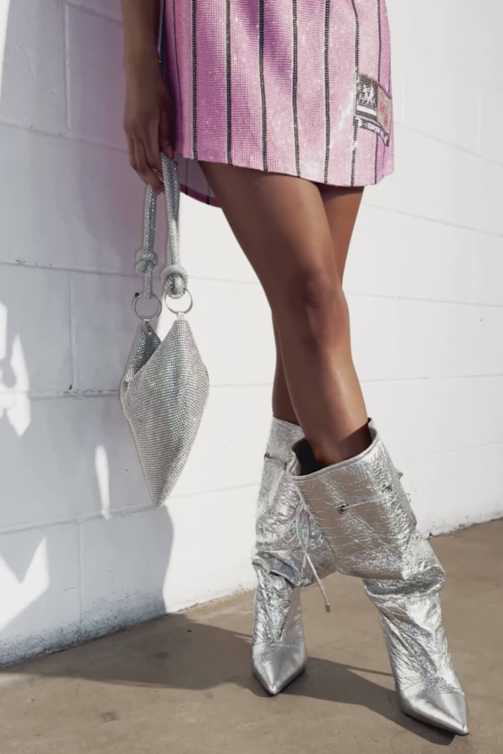 Metallic Silver Faux Leather Pointed Toe Mid-Calf Stiletto Heel Boots With Cinching Mechanism