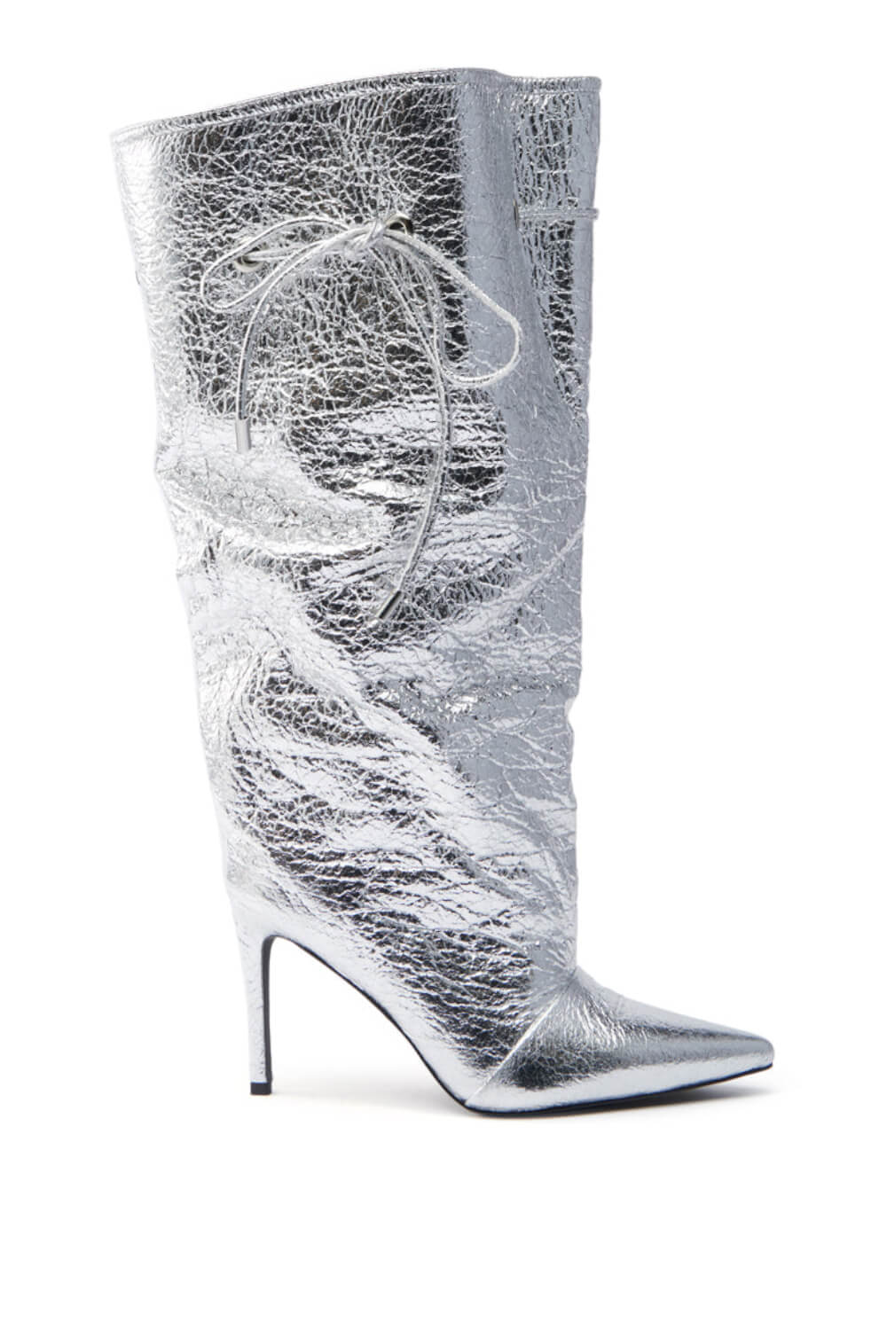 Metallic Silver Faux Leather Pointed Toe Mid-Calf Stiletto Heel Boots With Cinching Mechanism