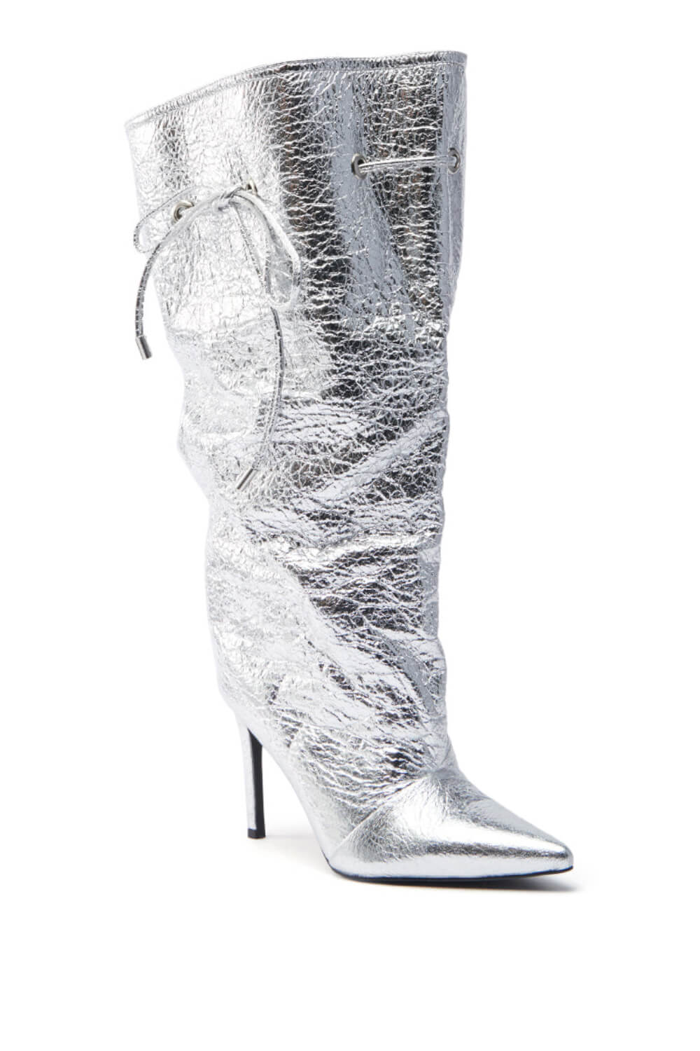 Metallic Silver Faux Leather Pointed Toe Mid-Calf Stiletto Heel Boots With Cinching Mechanism