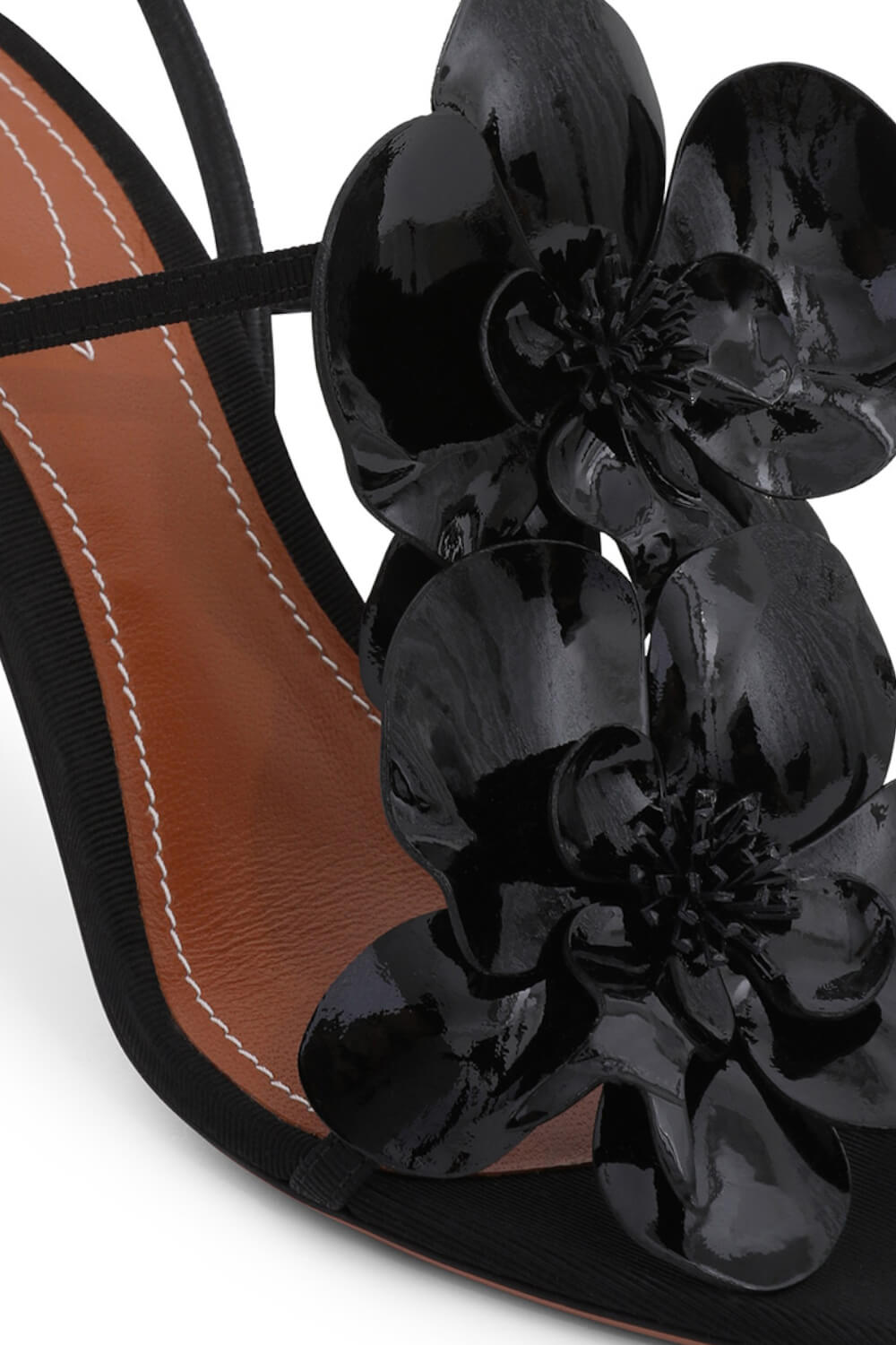Patent Flowers Embellished Open Square Toe Stiletto Heeled Sandals