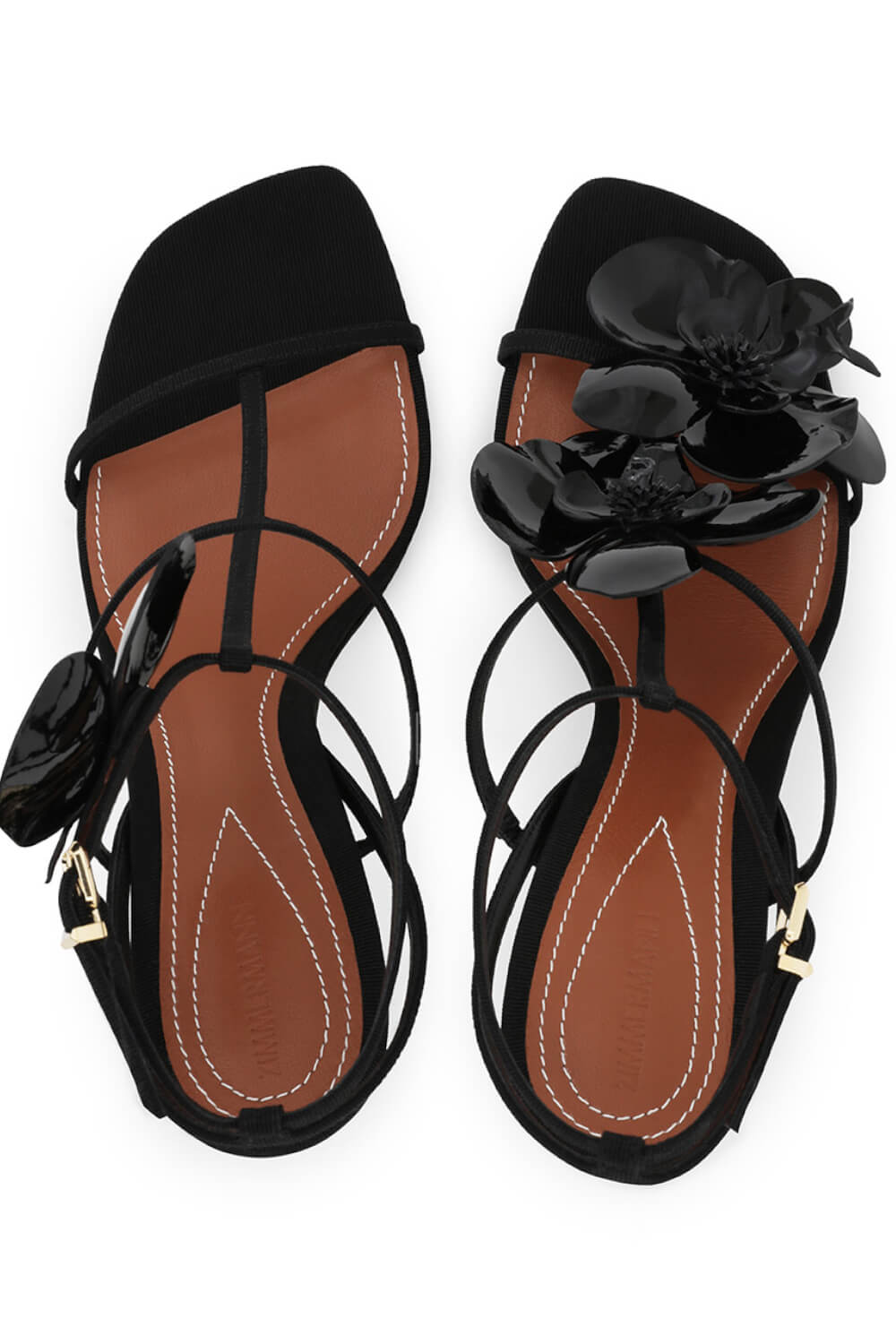 Patent Flowers Embellished Open Square Toe Stiletto Heeled Sandals