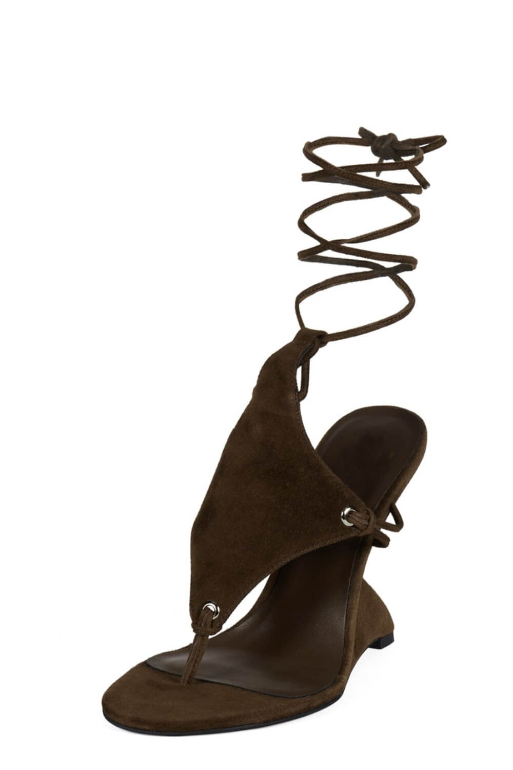 Faux Suede Ankle Wrap Sculpted Wedge Thong Sandal