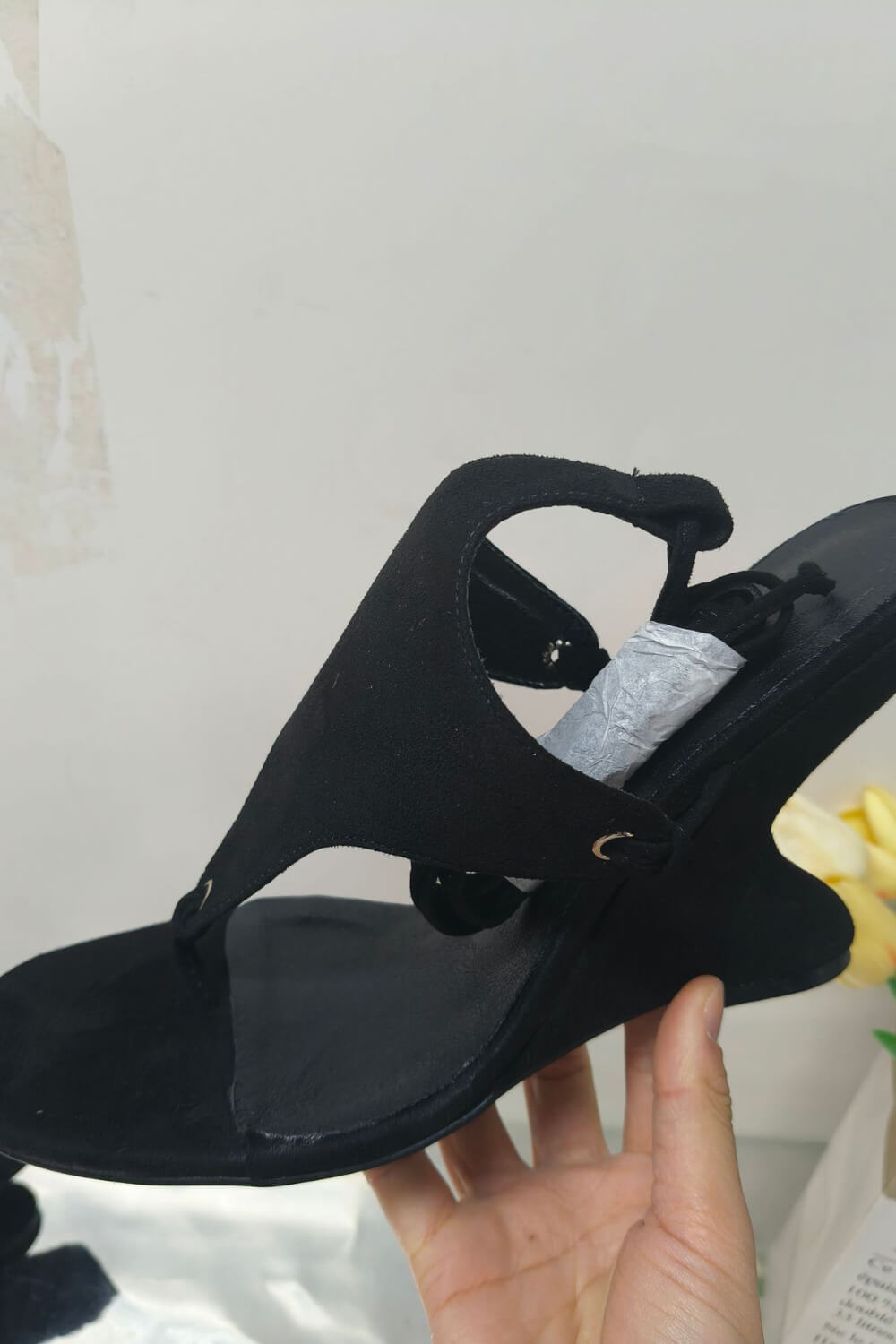 Faux Suede Ankle Wrap Sculpted Wedge Thong Sandal