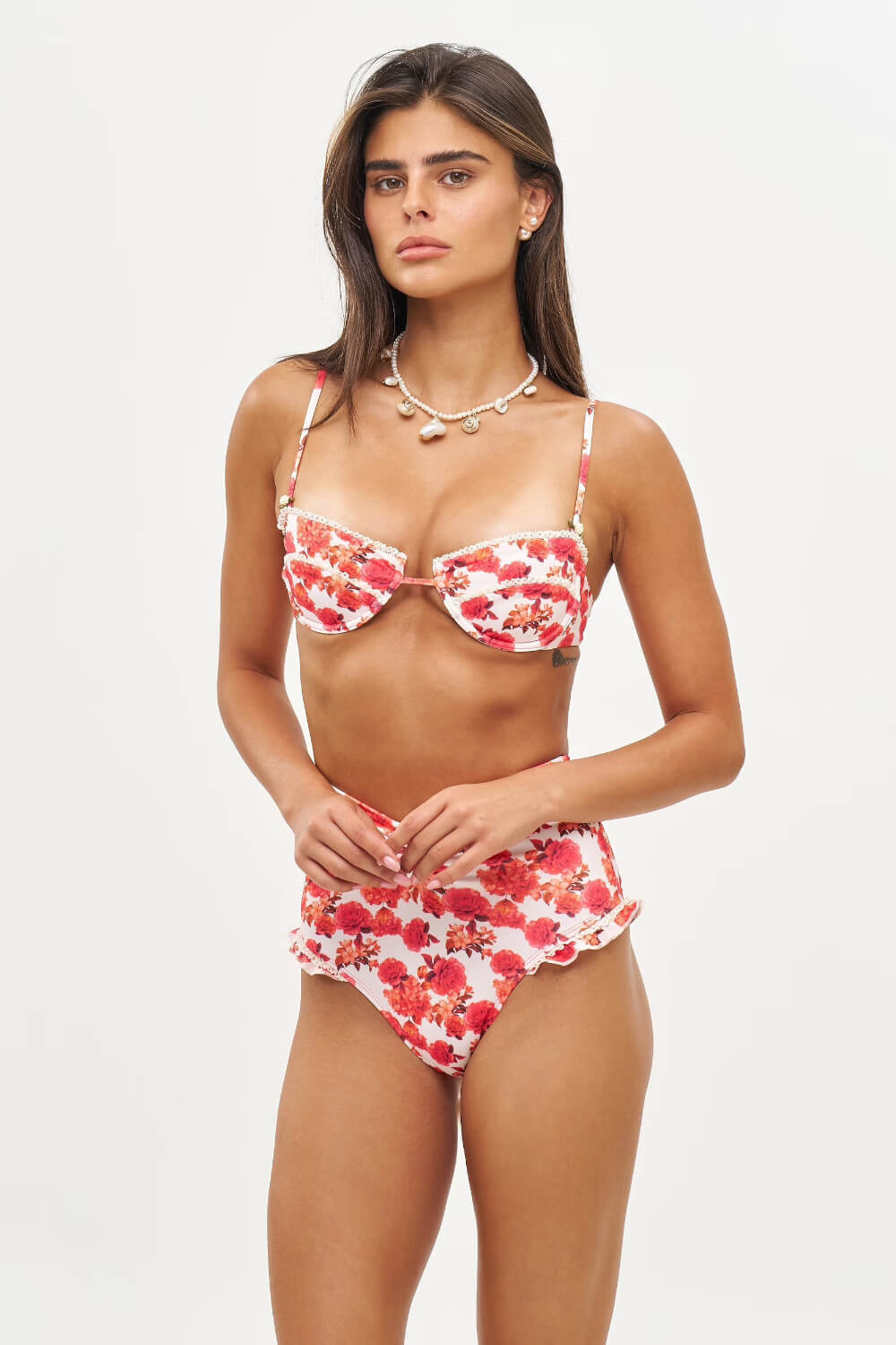 Red Floral Underwire Balconette High-Waisted Bikini Set With Lace Trim