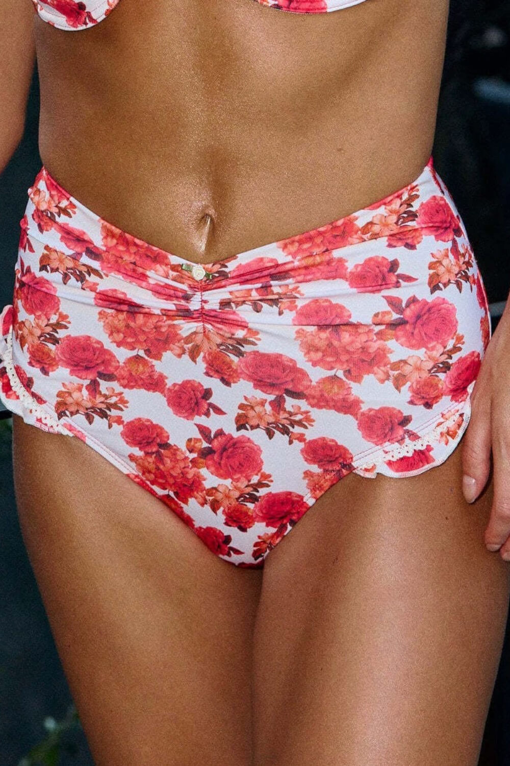 Red Floral Underwire Balconette High-Waisted Bikini Set With Lace Trim