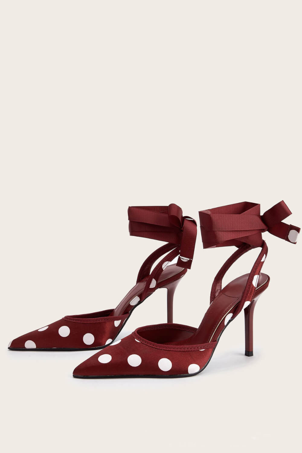 Satin Polka Dot Tie Leg Detail Pointed Toe Stiletto Heel Pumps