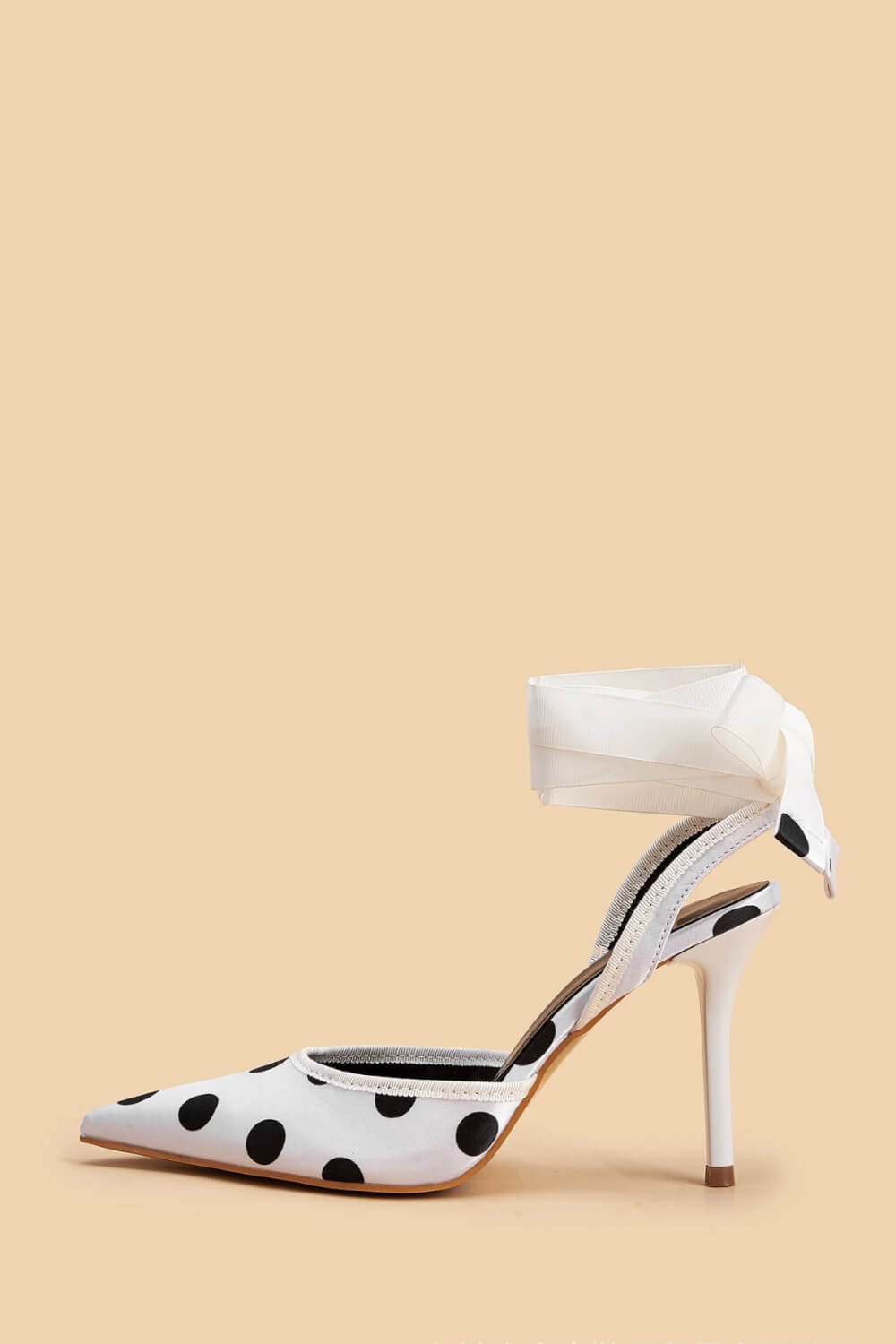 Satin Polka Dot Tie Leg Detail Pointed Toe Stiletto Heel Pumps