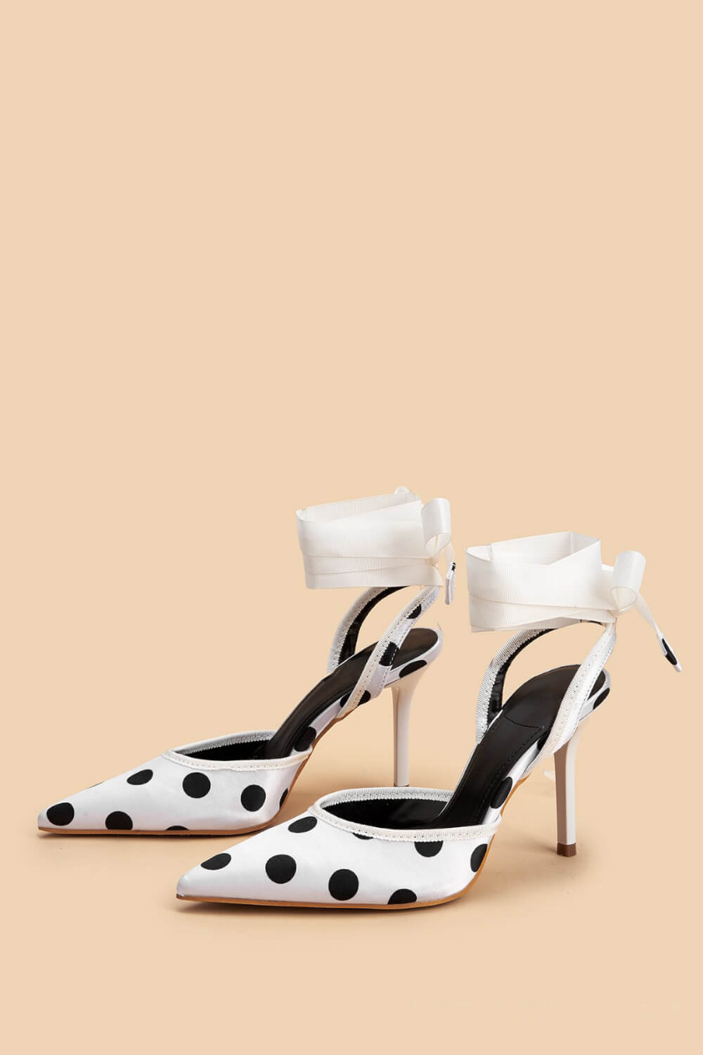 Satin Polka Dot Tie Leg Detail Pointed Toe Stiletto Heel Pumps