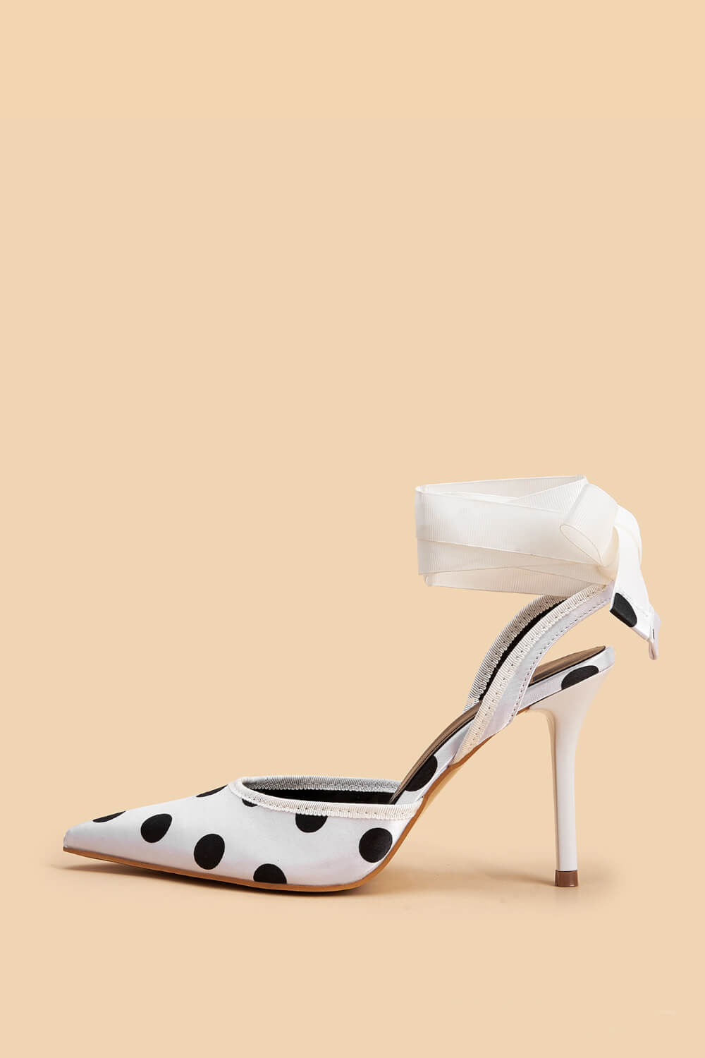 Satin Polka Dot Tie Leg Detail Pointed Toe Stiletto Heel Pumps