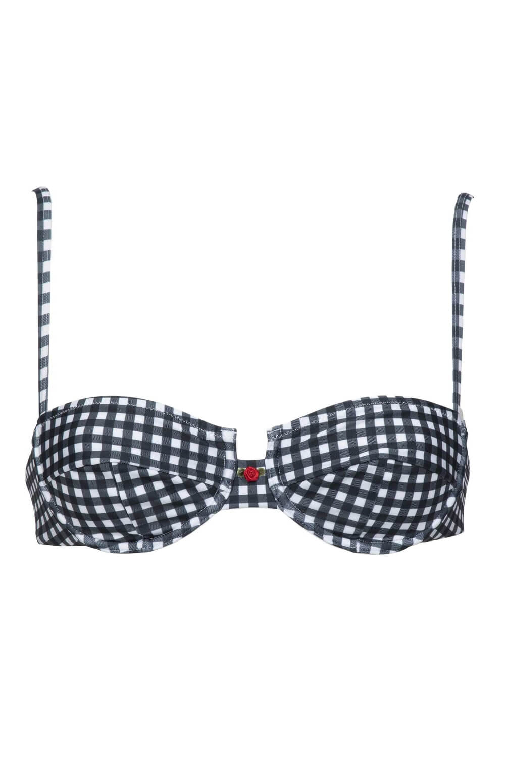 Gingham Underwire Balconette High-Leg Bikini Set With Red Floral Detail