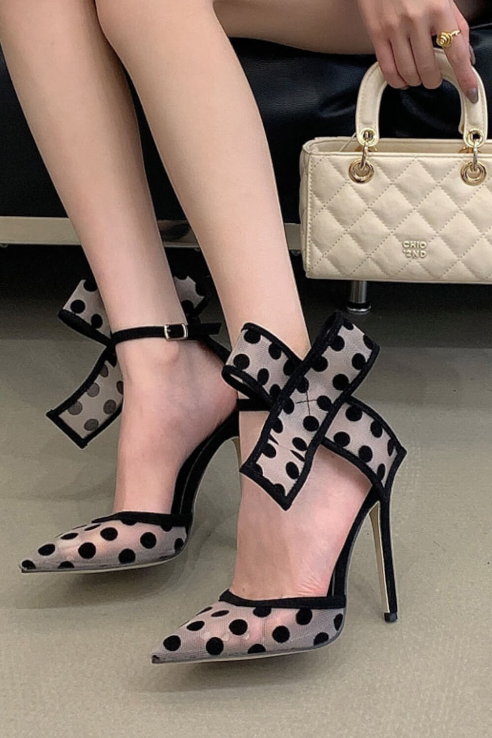Mesh Polka Dot Bow Detail Pointed Toe Stiletto Heel Pumps