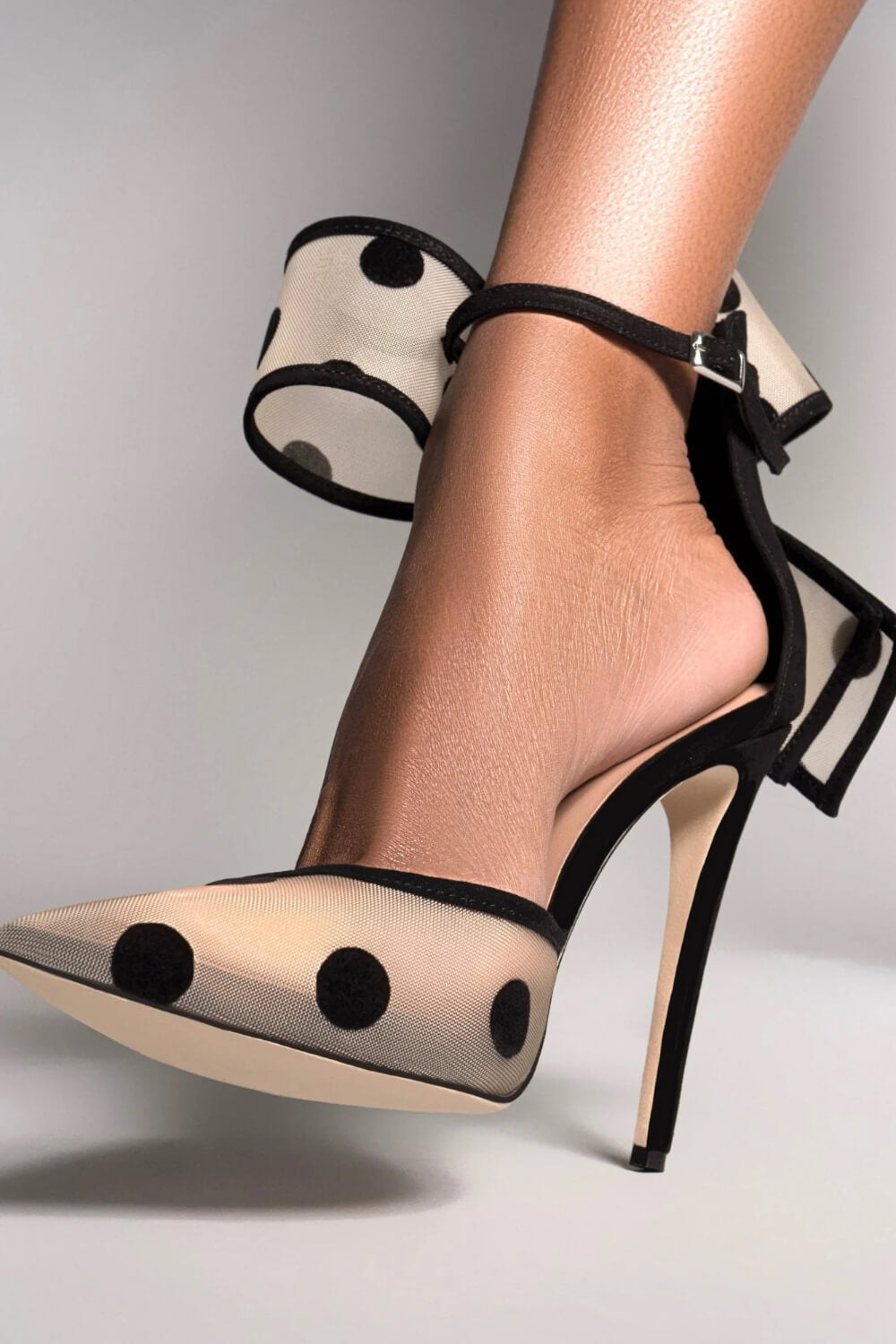 Mesh Polka Dot Bow Detail Pointed Toe Stiletto Heel Pumps