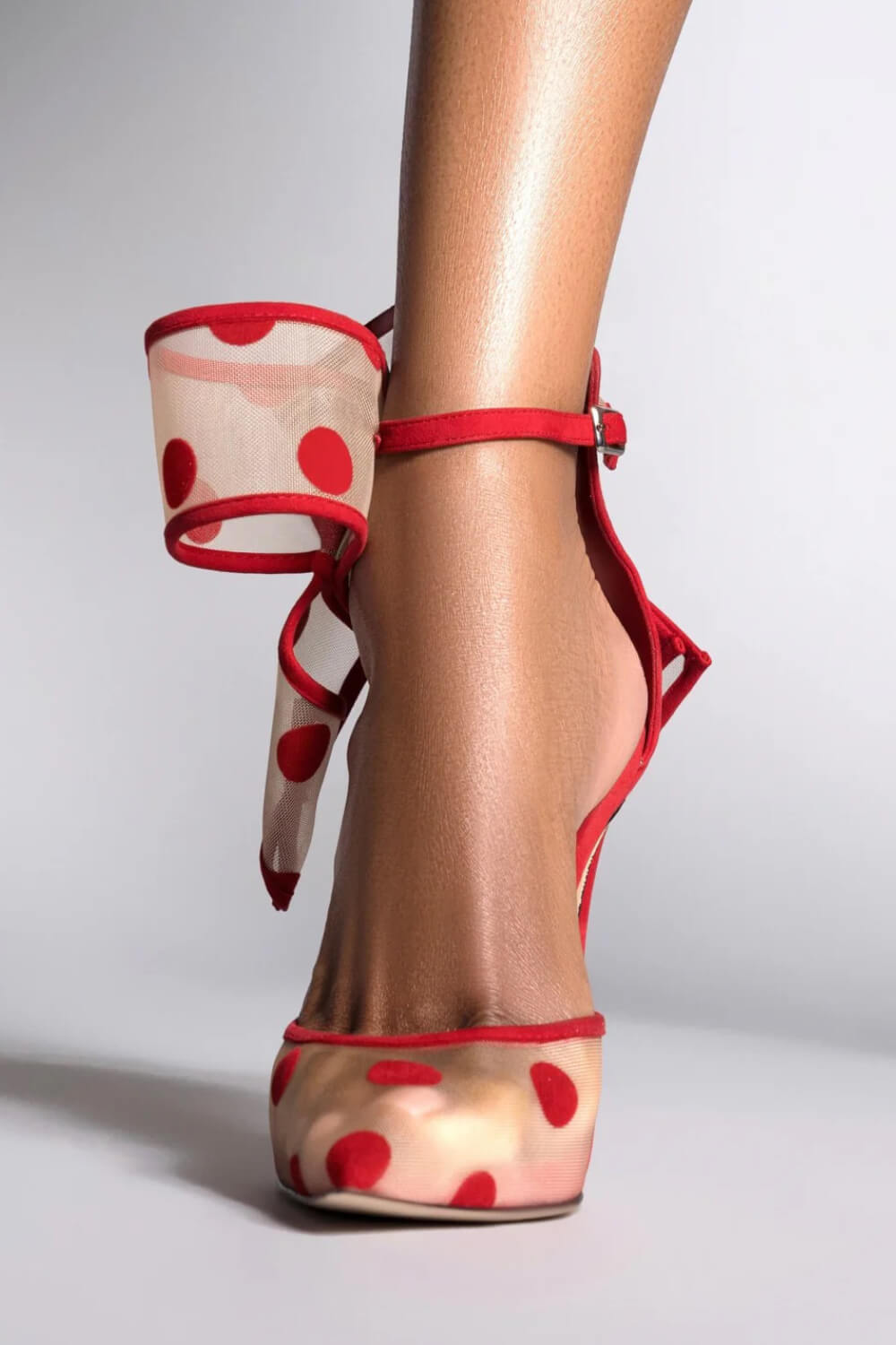 Mesh Polka Dot Bow Detail Pointed Toe Stiletto Heel Pumps