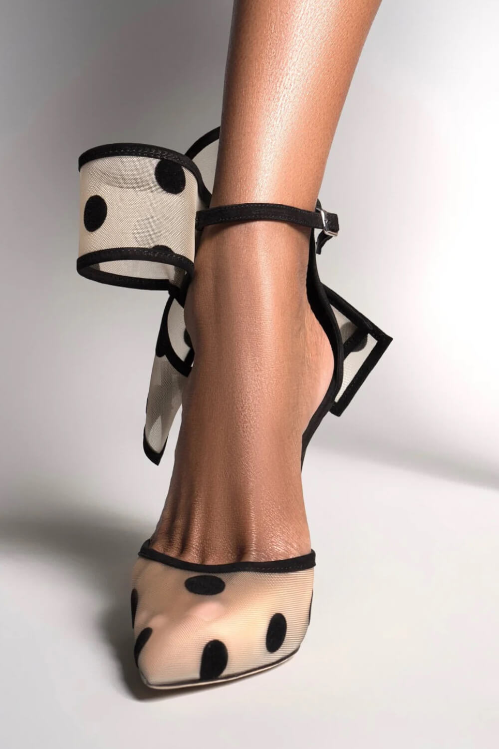 Mesh Polka Dot Bow Detail Pointed Toe Stiletto Heel Pumps
