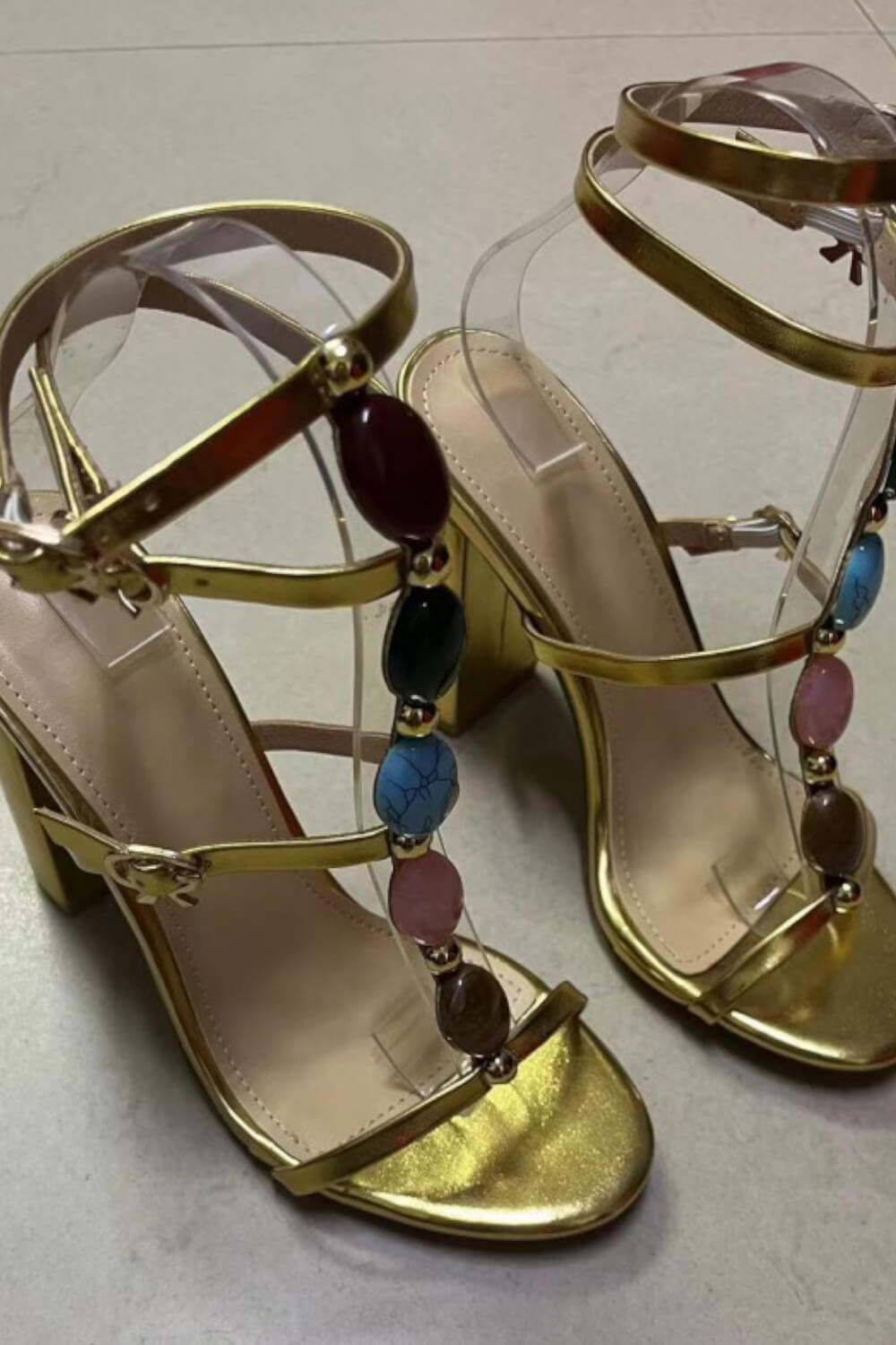 Metallic Gold High Block Heeled Sandals With Gemstone T-Strap