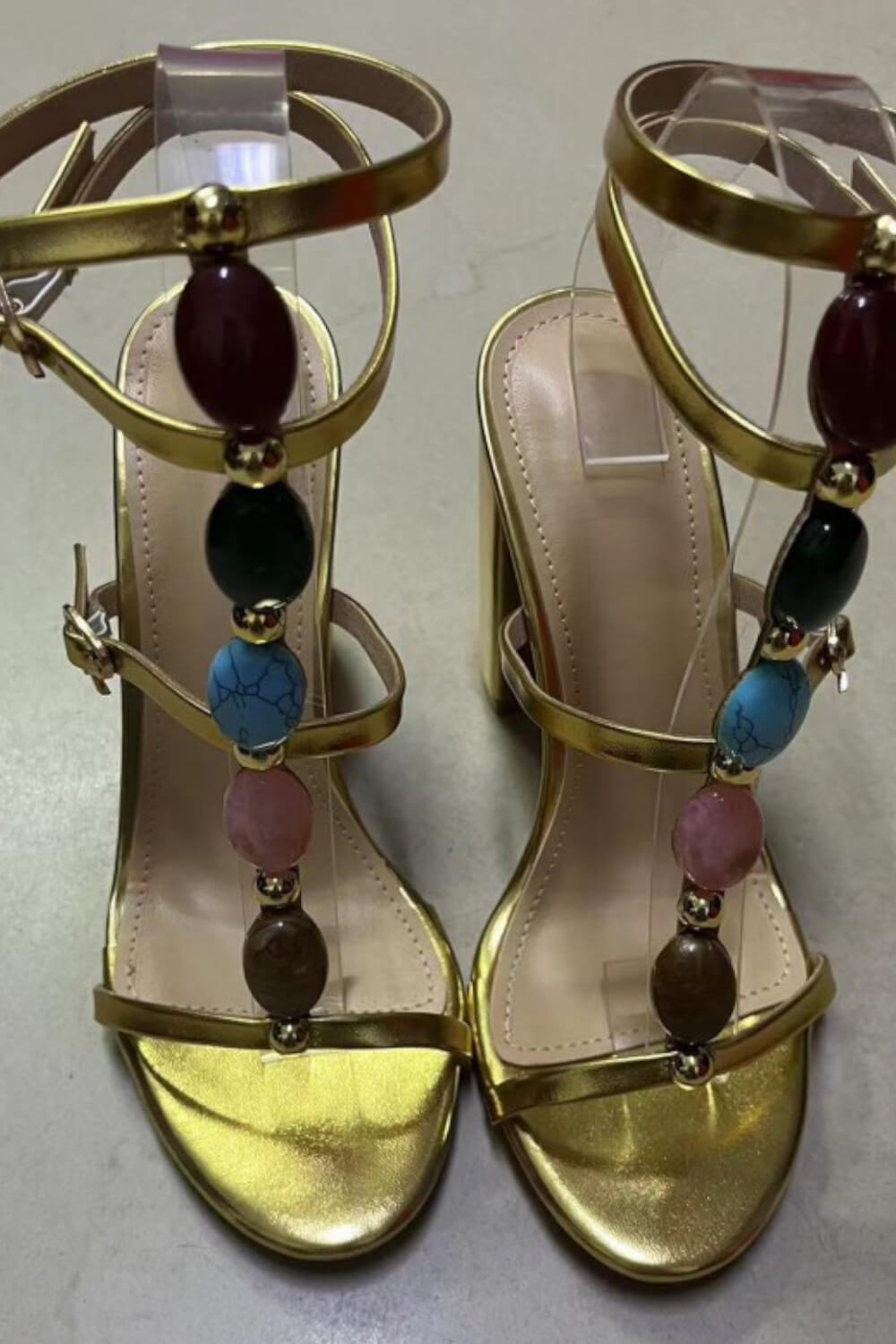 Metallic Gold High Block Heeled Sandals With Gemstone T-Strap