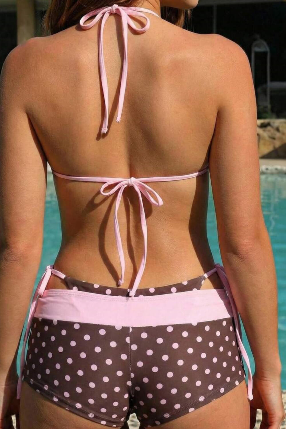 Contrast Trim Polka Dot Print Triangle Side-Tie Bikini Set And Low Rise Boy Shorts