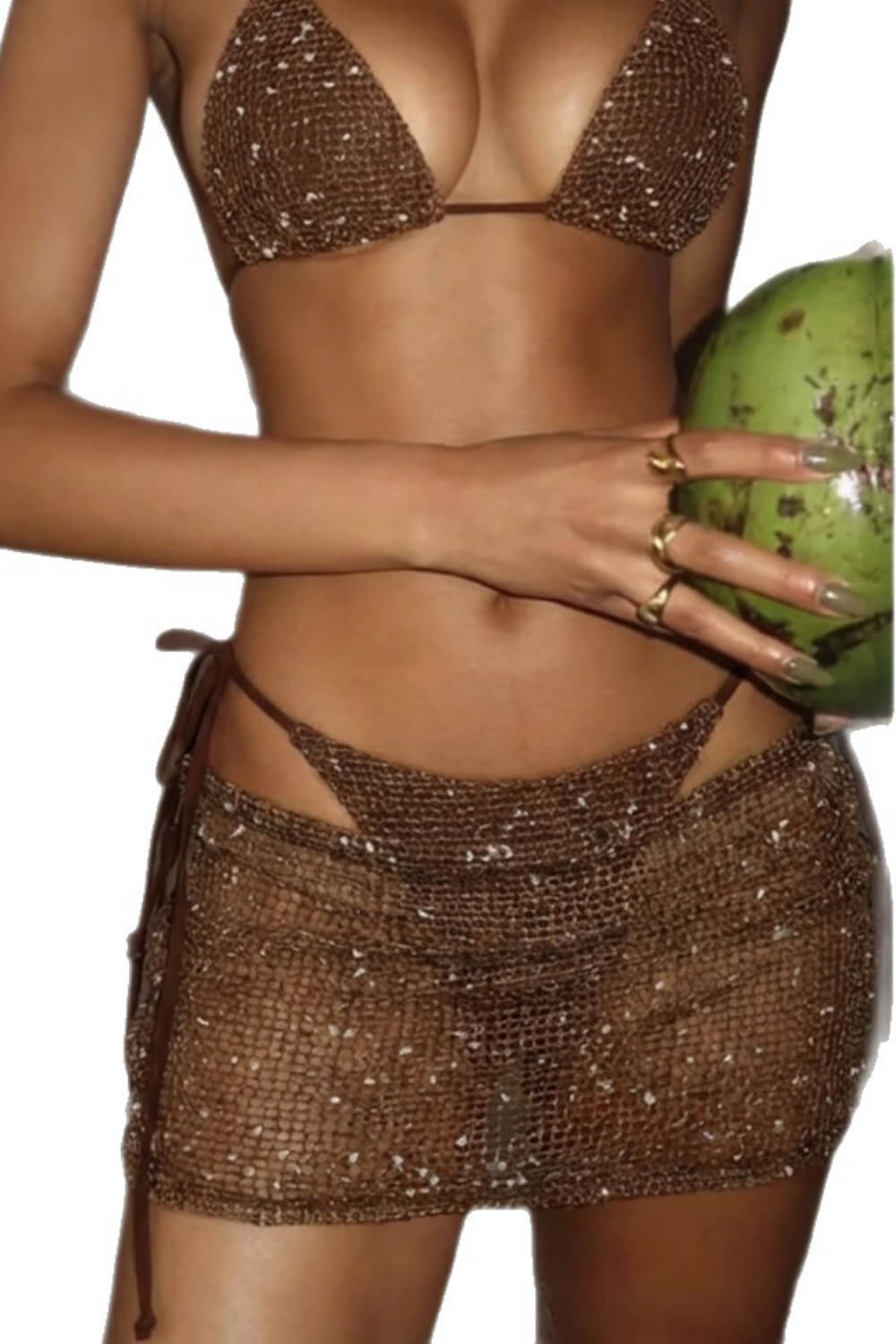 Sequin Halterneck Triangle Side-Tie Bikini Set With Cover Up Mini Skirt